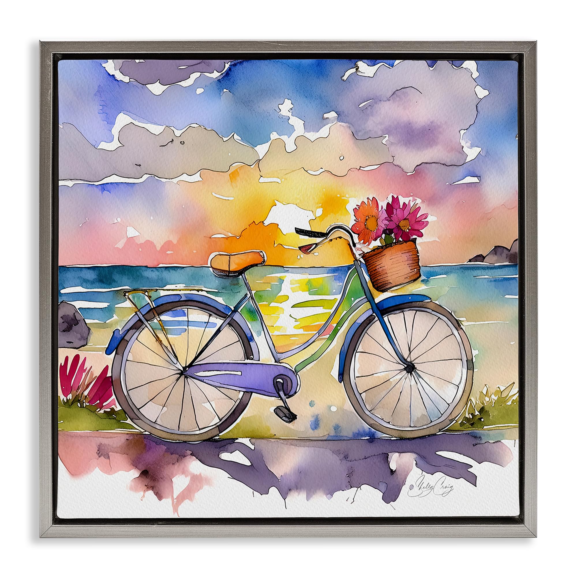 Stupell Industries Bicycle By The Seaside 'Bicycle By The Seaside', Floating Frame Canvas Art, Gray, 18 X 18 Inches, Easy To Hang And Sturdy, Made In Usa, By Shelly Craig