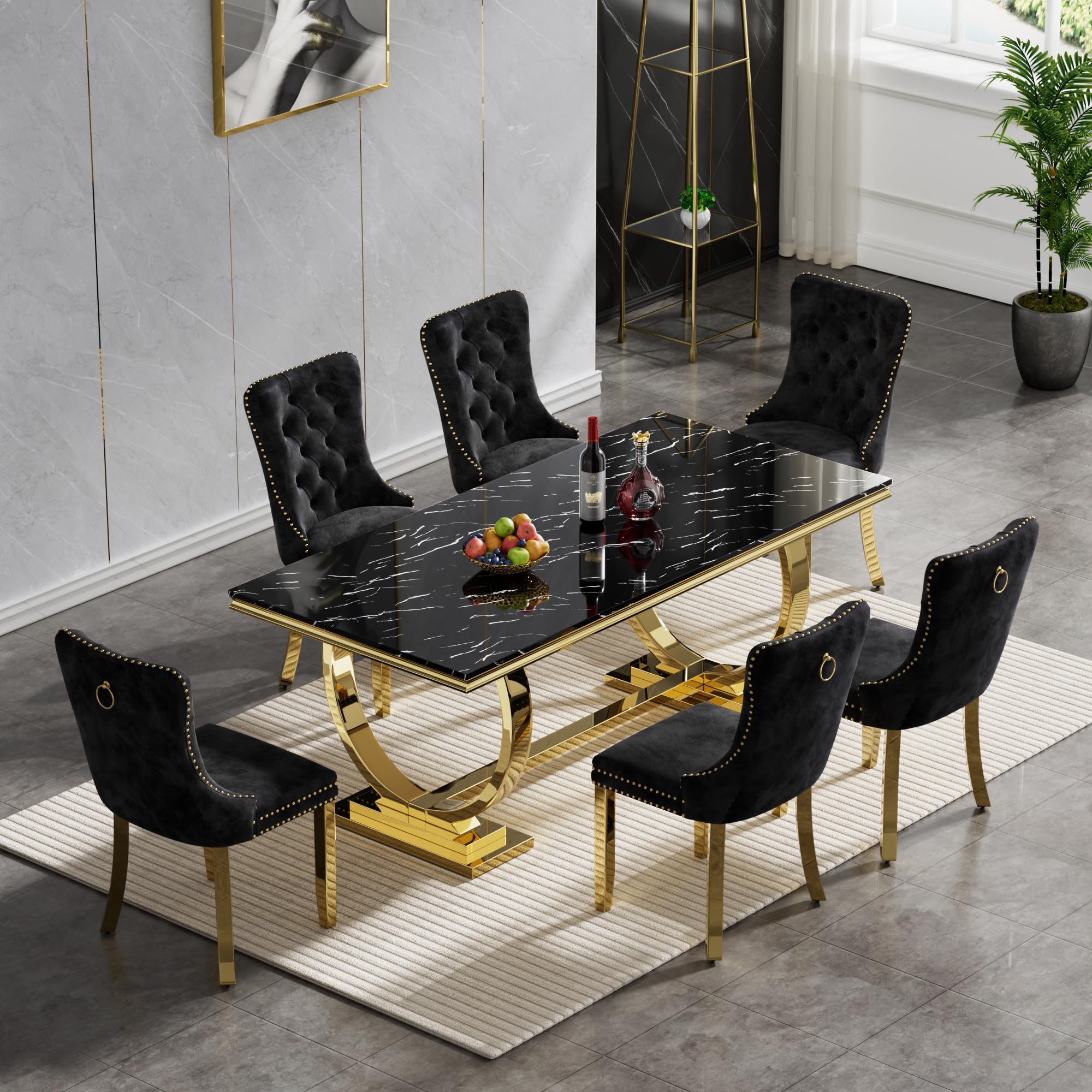 Goujxcy 7 Piece Marble Dining Table Set for 6, Luxury 68"" Black Marble Gold Kitchen Table with 6 Black Velvet Upholstered Chairs, Modern 6 Person
