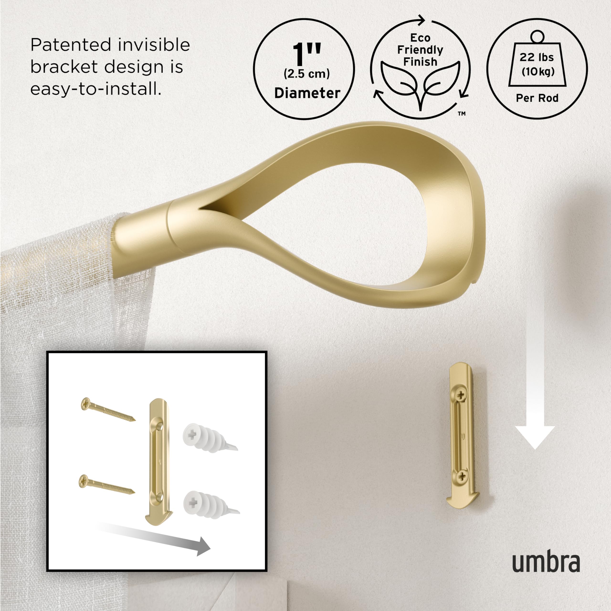 Umbra Loop Ausziehbare Vorhangstange mit D25mm, Verstellbare Länge 107-305 cm, Set inkl. Endstücke und Befestigungsmaterial, Gold