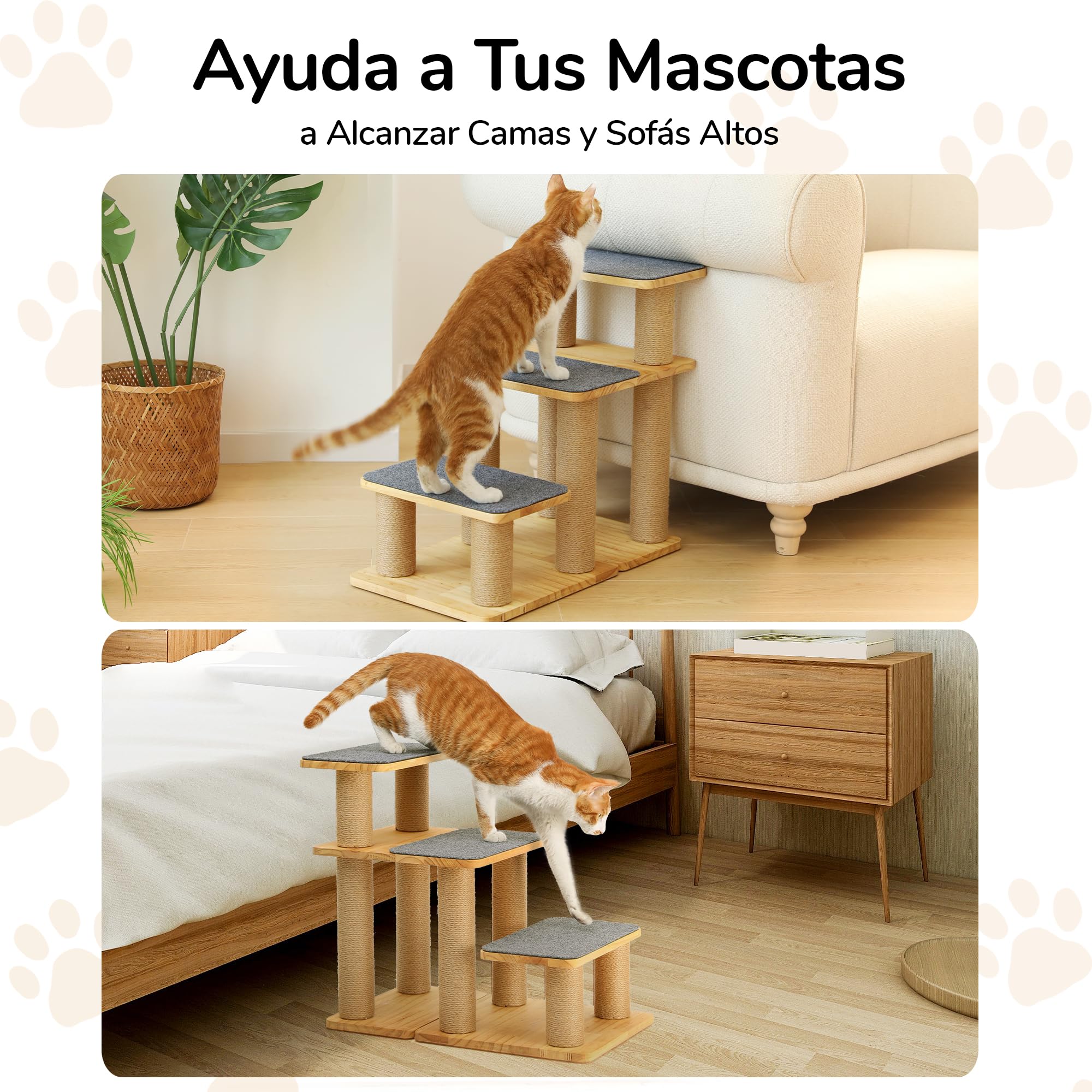FUKUMARU Escalera para Perros, 3 peldaños para Mascotas de Madera de Pino y Yute, Altura Ajustable de 18 a 51 cm, soporta hasta 90 kg, 6 Combinaciones posibles para Subir a Camas y sofás, Gris.