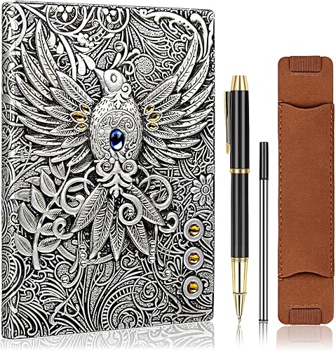 Cuaderno de viaje Phoenix 3D vintage en relieve con bolígrafo negro y funda para bolígrafo, diario de viaje A5 de cuero antiguo hecho a mano,