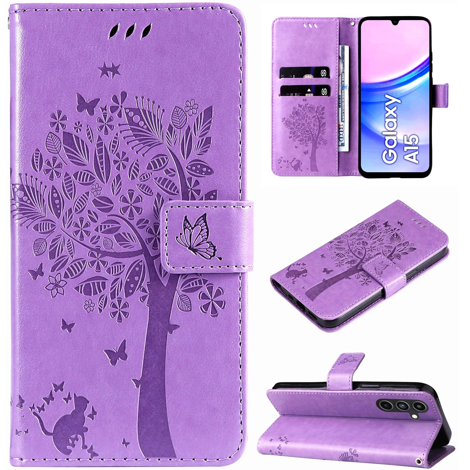 Case for Samsung Galaxy A15 5G/4G, Leather Case Wallet Flip Cover with Card Holder Slot Design Pattern Magnetic Stand Strap Shockproof Phone Case Cover for Samsung Galaxy A15 5G/4G,Purple