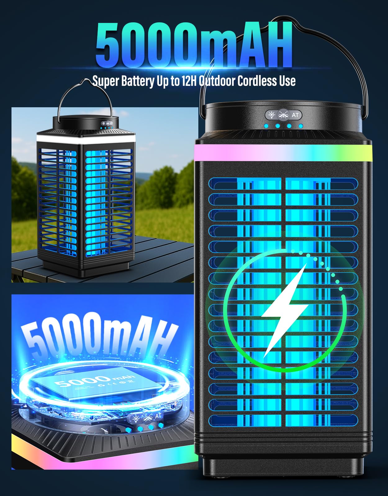 Bug Zapper Outdoor Kabellos, 4200V Elektrischer Mückenzapper mit LED Blaulicht, 3 in 1 Tragbarer & Wiederaufladbarer Bug Zapper Outdoor Wasserdicht IP67, Kabelloser Hängender Fliegenvernichter für