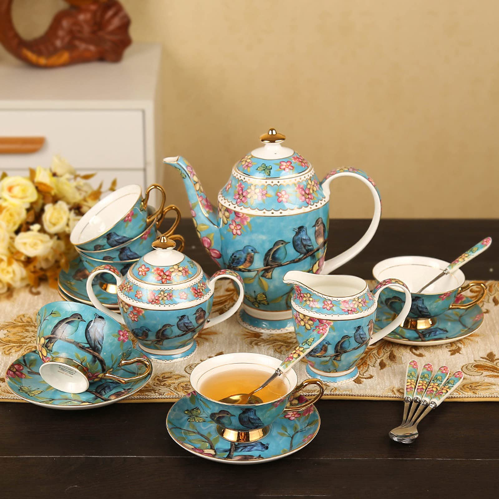 Zestaw Do Herbaty 21 Elementów, Zestaw Filiżanek Do Kawy, Zestaw Prezentowy Z Filiżanką I Spodkiem Z Porcelany Kostnej, Puszka Na Cukier, Puszka Na Mleko, Łyżeczka, Styl Rustykalny