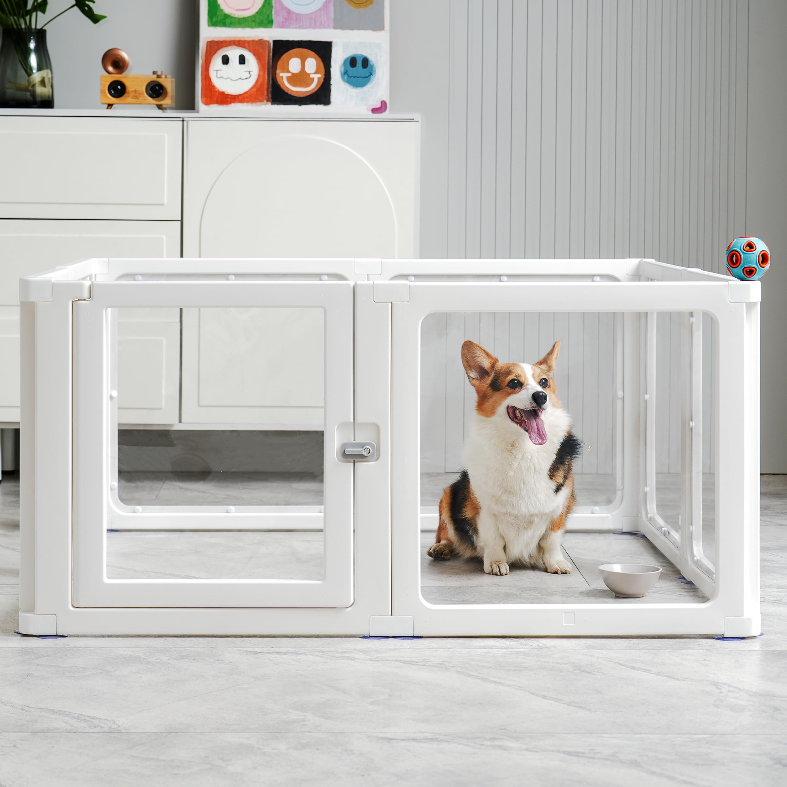 8 Welpenlaufstall Faltbar mit abschließbarer Tür, 120X120X60cm hoch, Welpenauslauf Indoor Transparent, Laufstall Hund für Katzen, Hunde, Kaninchen und kleintiere, rutschfest, weiß