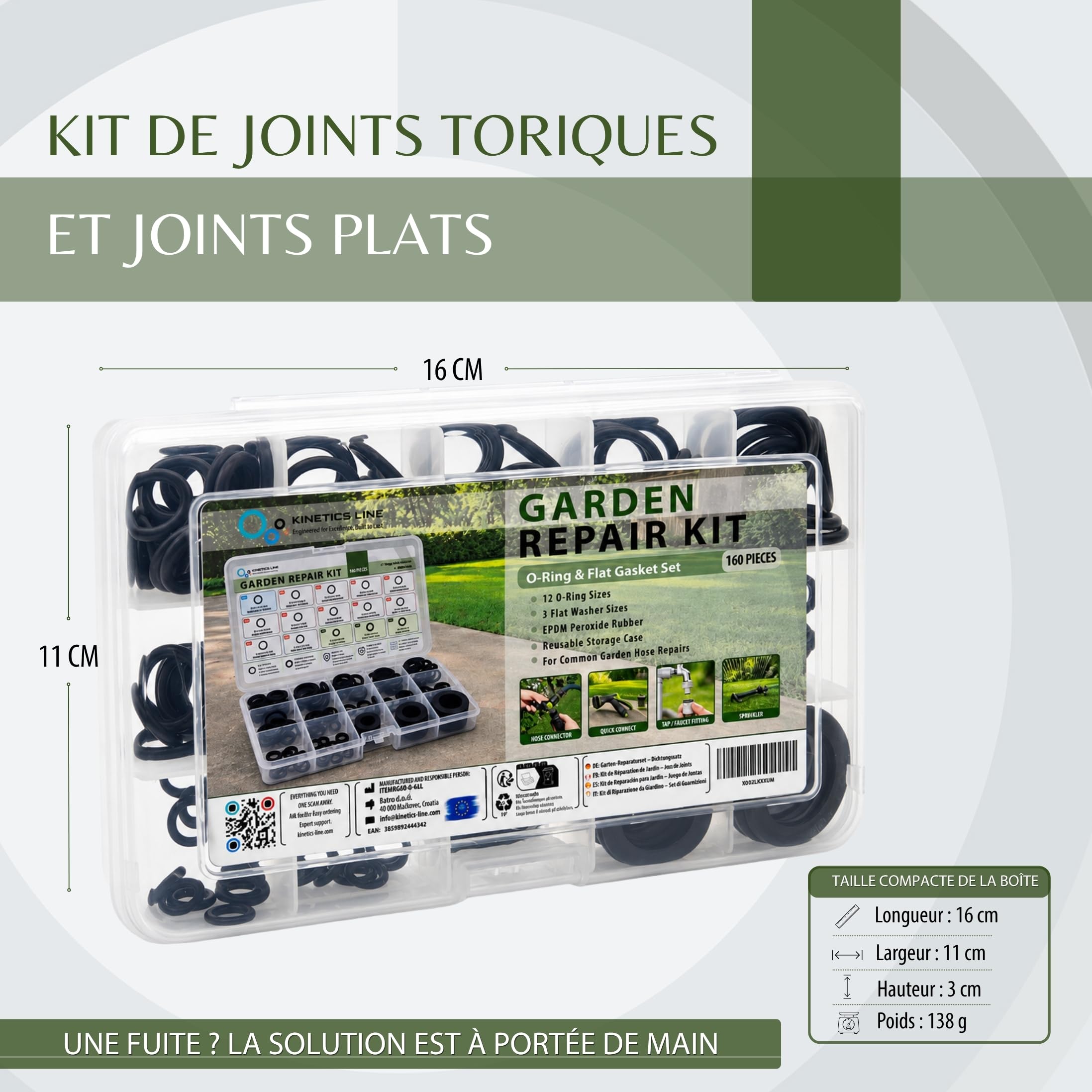 Garden Repair Kit pour Réparation de Tuyau d’Arrosage, 160 Pièces – Joints Toriques EPDM et Joints Plats pour Robinet, Raccord de Tuyau et Arroseur