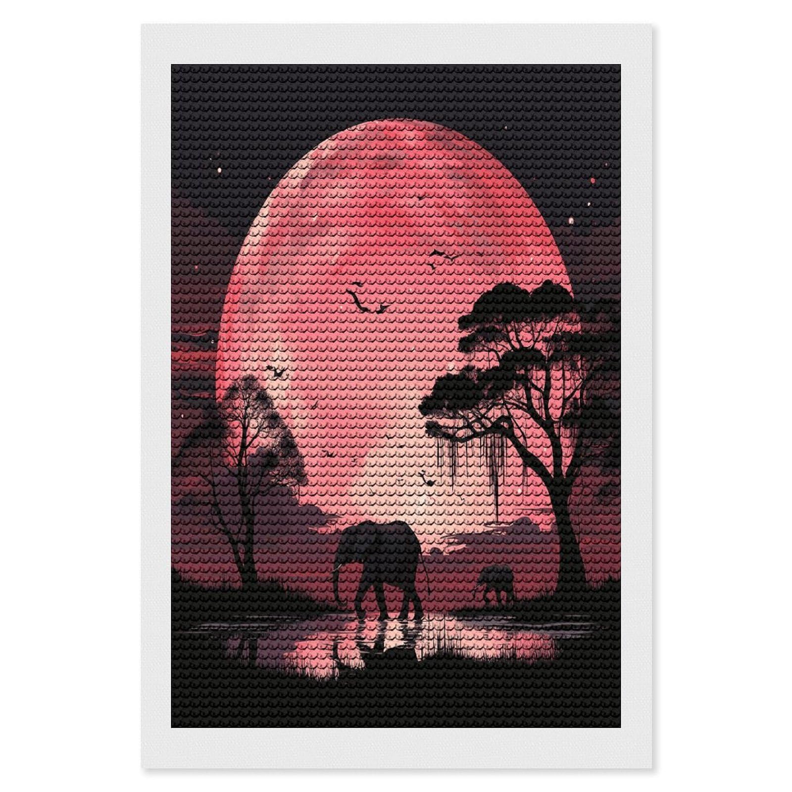 Pink Moon Elephant Diamond Art Kits for Adult Round Full Drill Diamond Dots Paintings for Beginner Picture Art DIY Diamond Painting Kits 5D Diamond Art Painting for Home Wall Decor 8"x12"