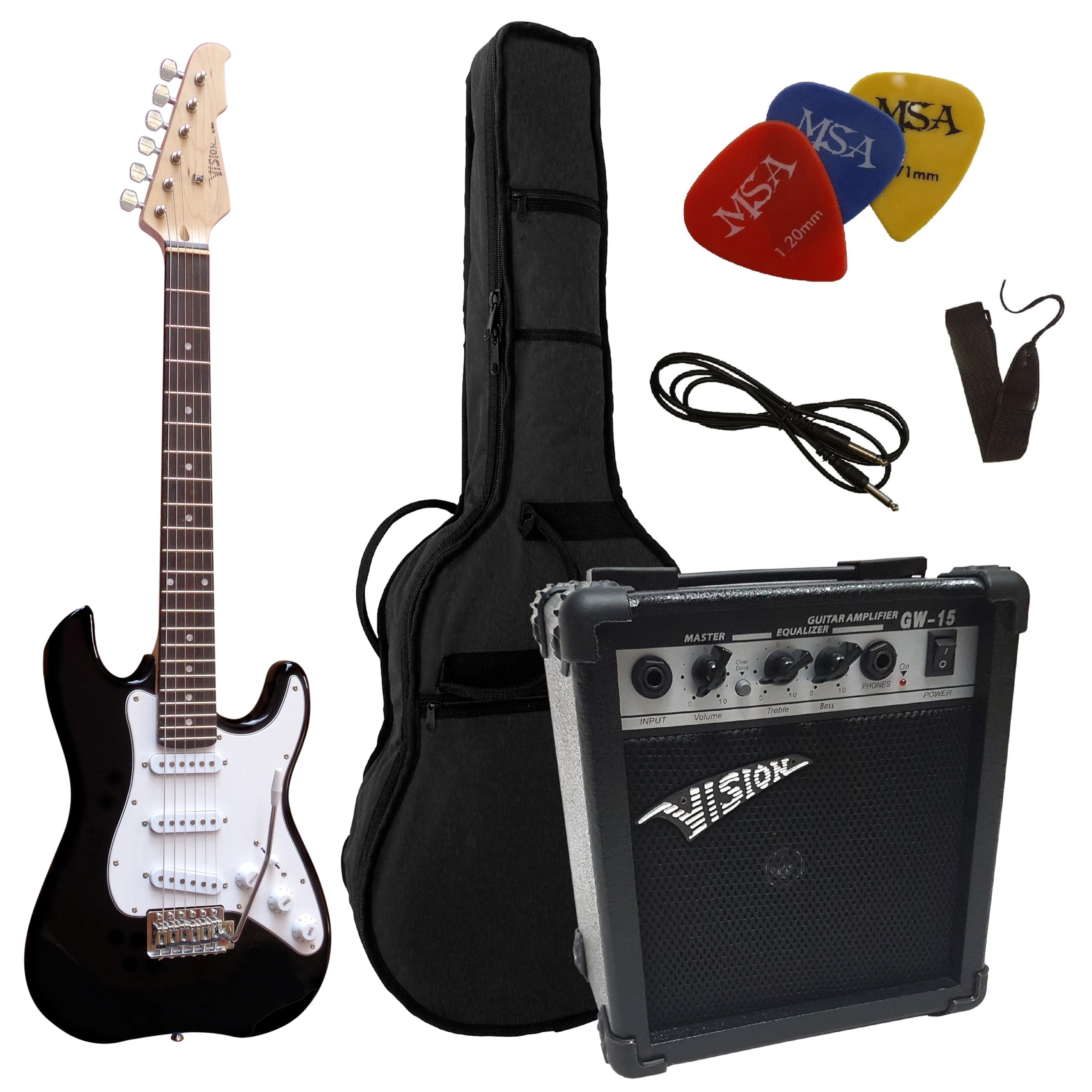 KINDER ELEKTROGITARRE - 3/4 GRÖßE - E GITARRE JUNIOR SCHWARZ - SET - VERSTÄRKER 20 WATT - 3xPLEKTRONS - TASCHE - BAND