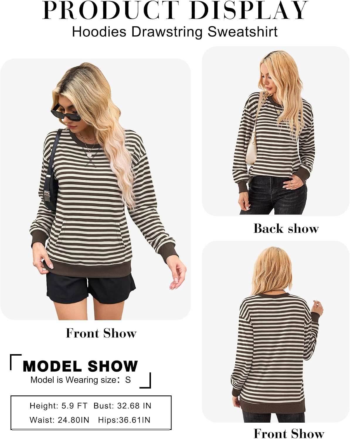 AUSELILY Women Oversized Striped Hoodless Sweatshirt Pockets X Decoration | Trendy striped design, Crew neck, Y2K Clothes, Kangaroo Pockets, Loose fit, Scenes: loungewear, sports, fitness, daily