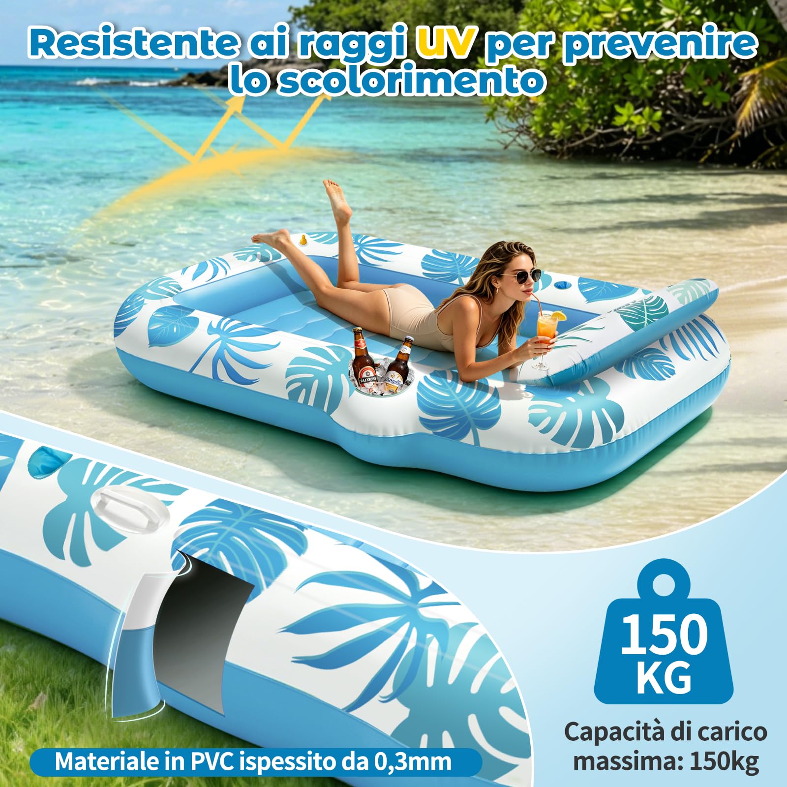 JONRRYIN Materassino Gonfiabile Mare Adulti, Tanning Pool con Funzione Spruzzo e Porta Bicchiere, Materassino Piscina 215×150 cm, Poltrona Gonfiabile Piscina Relax per Mare e Piscina