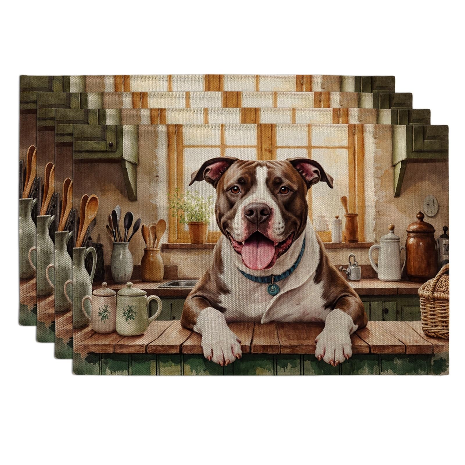Dog Kitchen Placemats, Rustic Country Animal Place Mats for Dining Table, Everyday Non-Slip Washable Indoor Outdoor Kitchen Party Decorative Placemat Set of 4