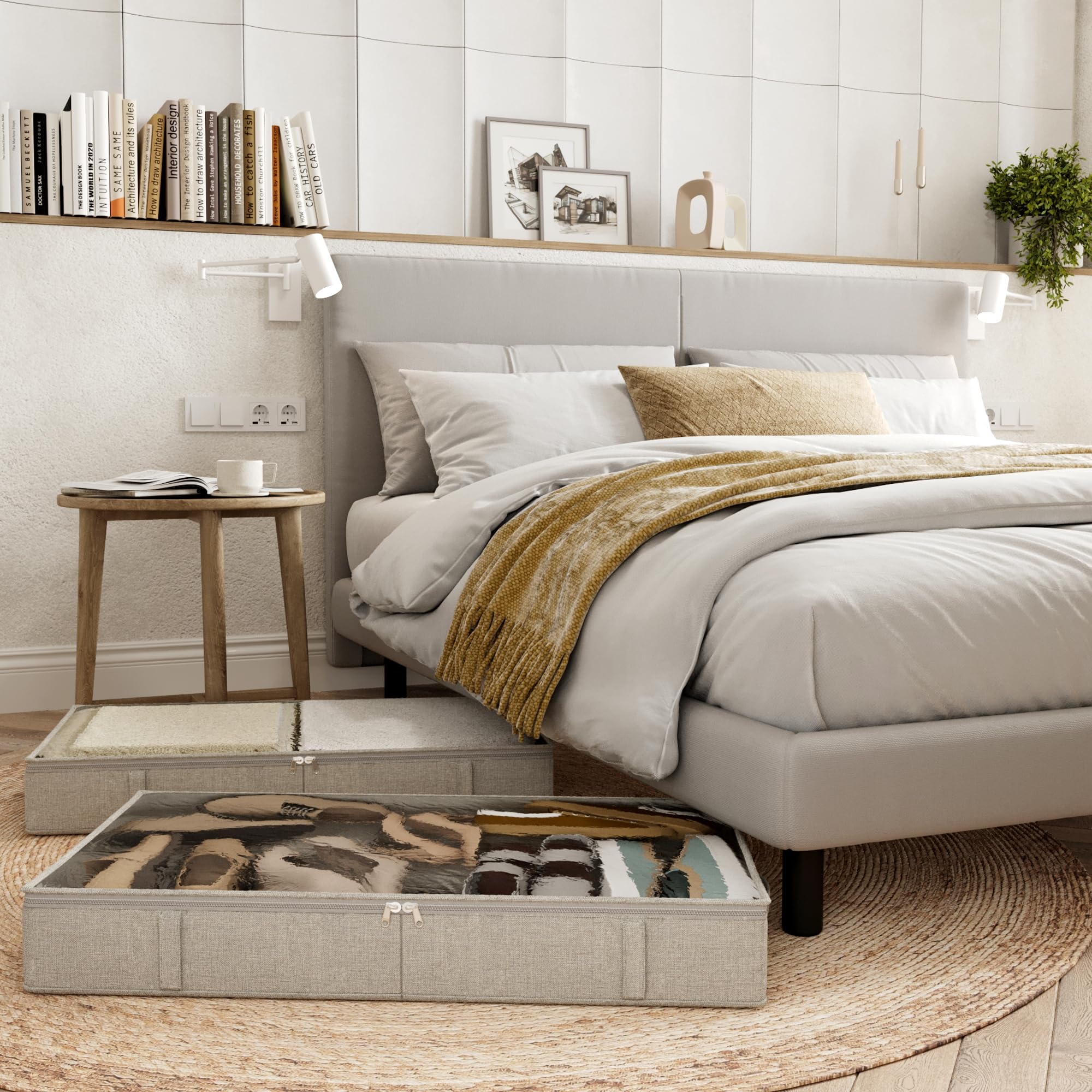 Unterbett-Aufbewahrungsbehälter, niedriges Profil, 12,7 cm hoch, 85,9 x 45 x 13 cm, stabiler Unterbett-Schuh-Organizer, faltbar, Stoff unter dem Bett, 2 Stück, Hellgrau und Weiß
