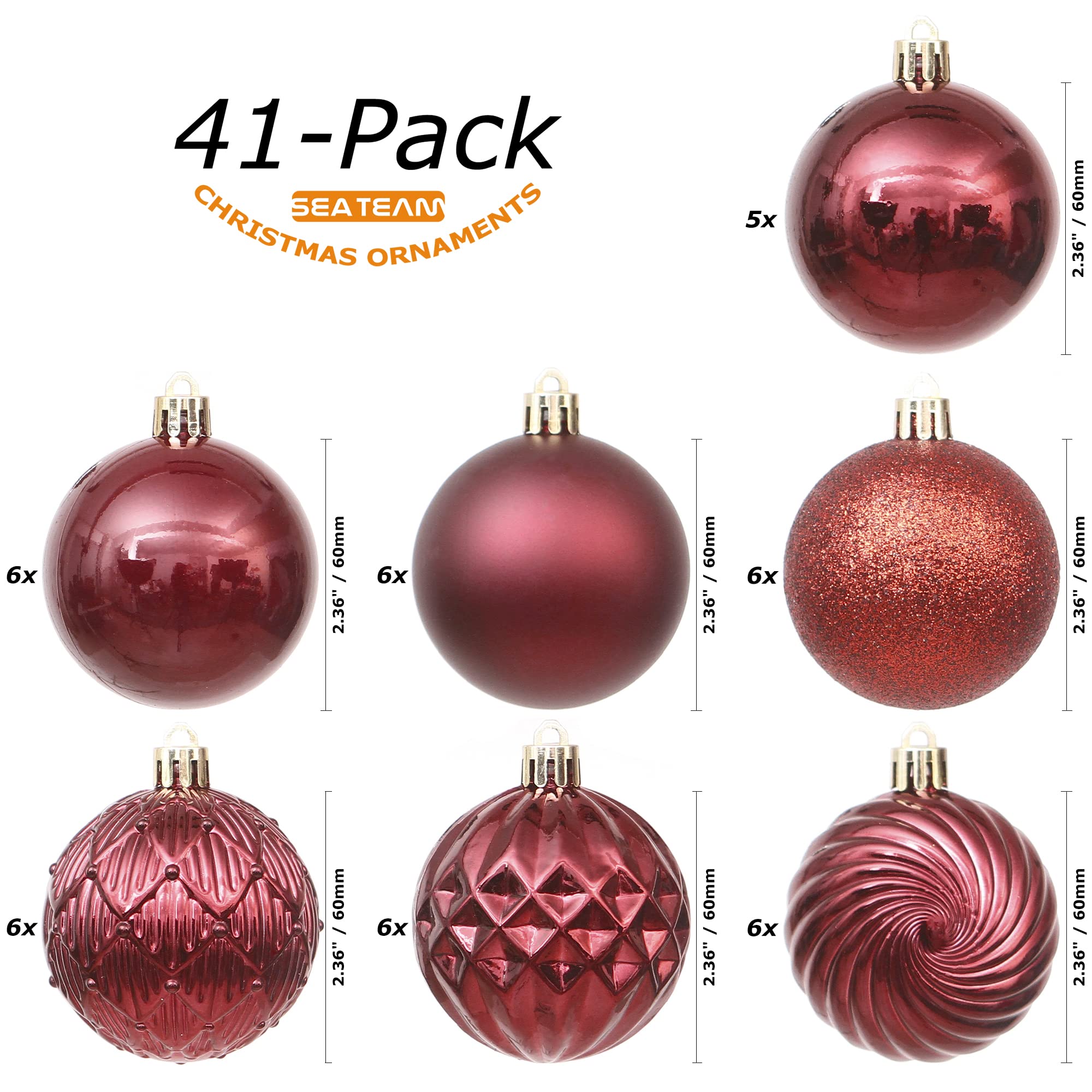 Sea Team Lot de 41 Boules Noël 60 mm Mini à Suspendre Couleur Bourgogne | Boules plastique incassable avec ficelles pour sapin de Noël, fêtes, mariage et décoration bouteille champagne