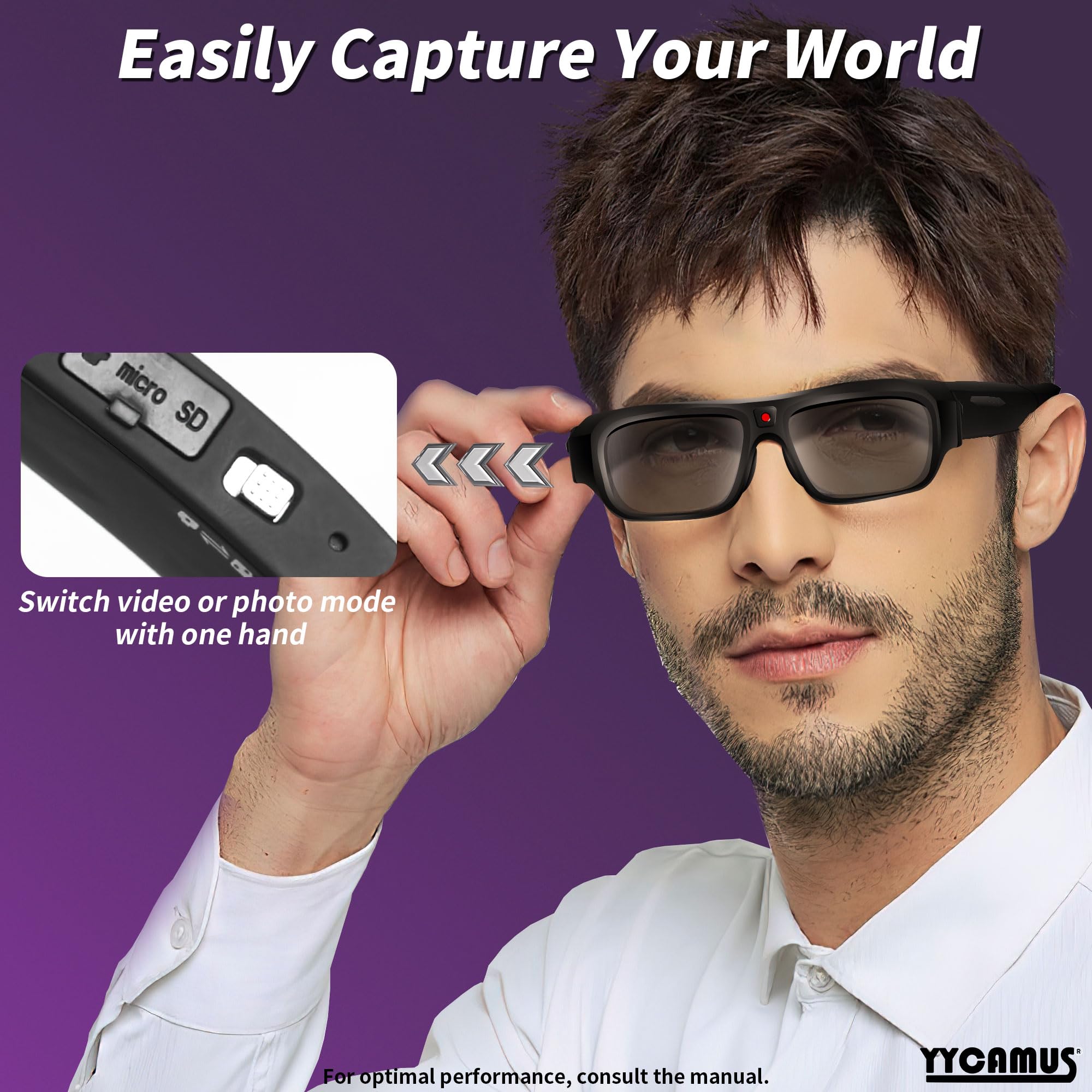Occhiali da vista 4K, occhiali da sole intelligenti con fotocamera, occhiali video con protezione UV per attività all'aperto, occhiali da vista fotocamera per viaggi