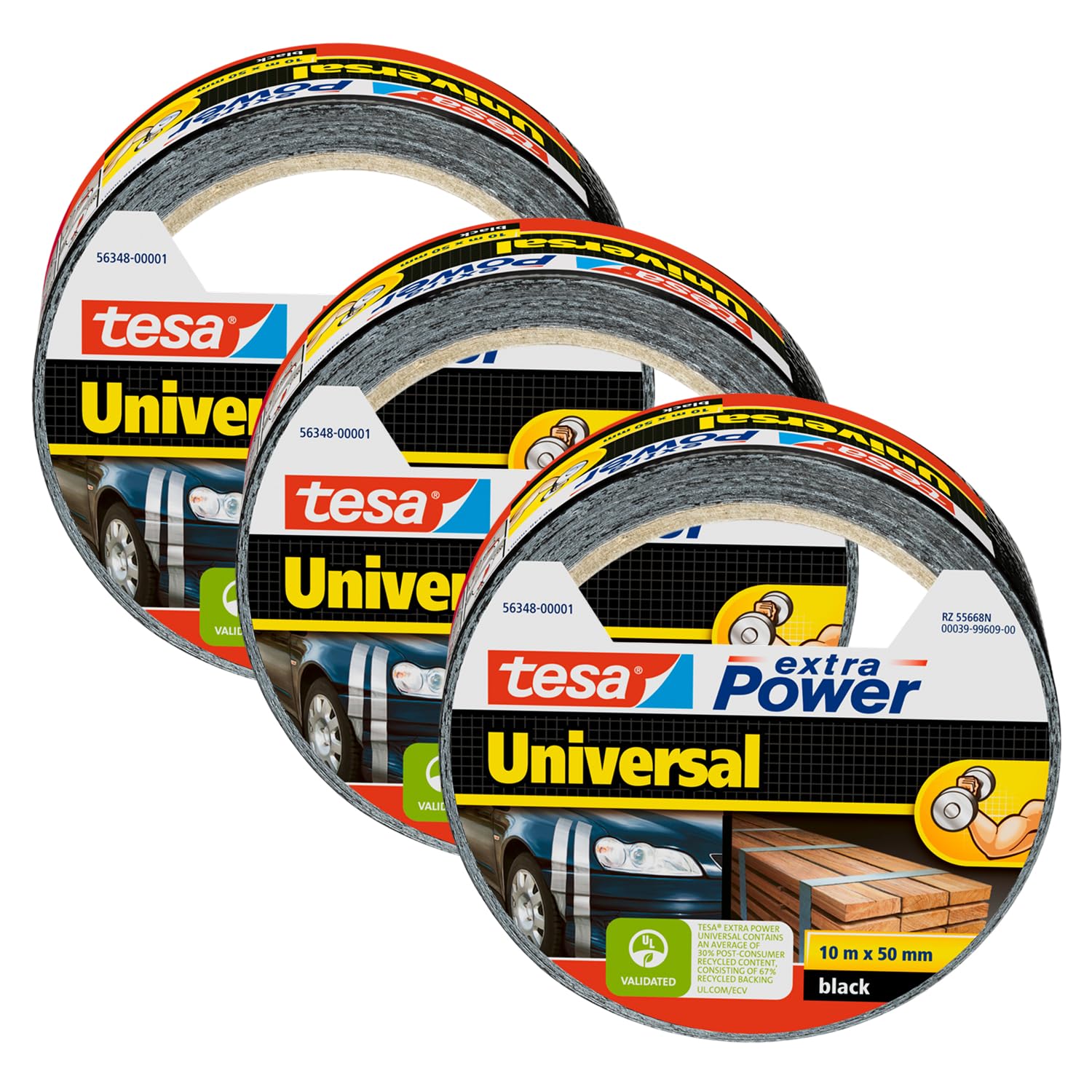 tesa Extra Power Universal Gewebeband - Klebeband mit extra starkem Halt - vielseitiges Duct Tape für Reparaturen, zum Befestigen, Abdichten und mehr - Schwarz - 3 Rollen - 10 m x 50 mm
