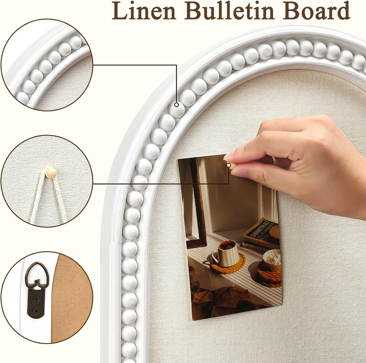 16" x 24" Linen Bulletin Board, Arched White Wood Frame with Beaded Trim, Decorative Pin Board Wall Organizer for Photos, Notes, Memo & Vision Board, 4060WH