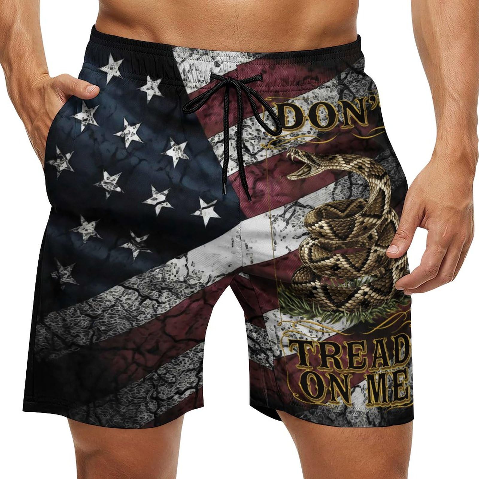 Youth & Adult Swim Trunks, Distressed American Flag and Gadsden Flag Don't Tread Snake On with Me Beach Shorts Perfect Surf Beachwear Drawstring Beach Half Pants with Pockets Mesh Lining Small