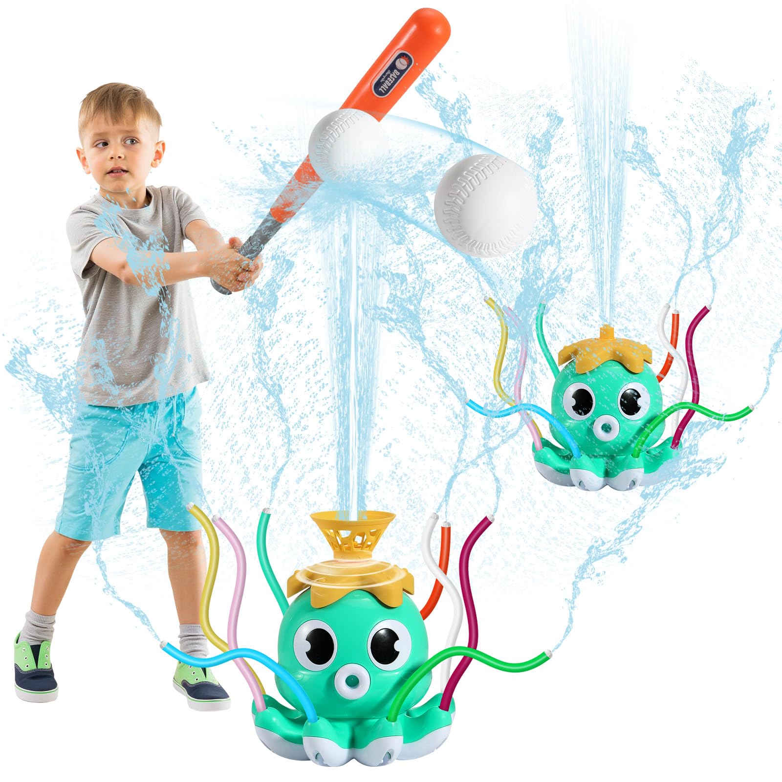 HeySplash Water Sprinkler Baseball Toy, 2 in 1 Water Spray Sprinkler Ball Set with 1 Detachable Sprinkler Head & 8 Wiggle Tubes, Outdoor Summer Toys Outside Toys for Toddlers and Kids, Green Octopus