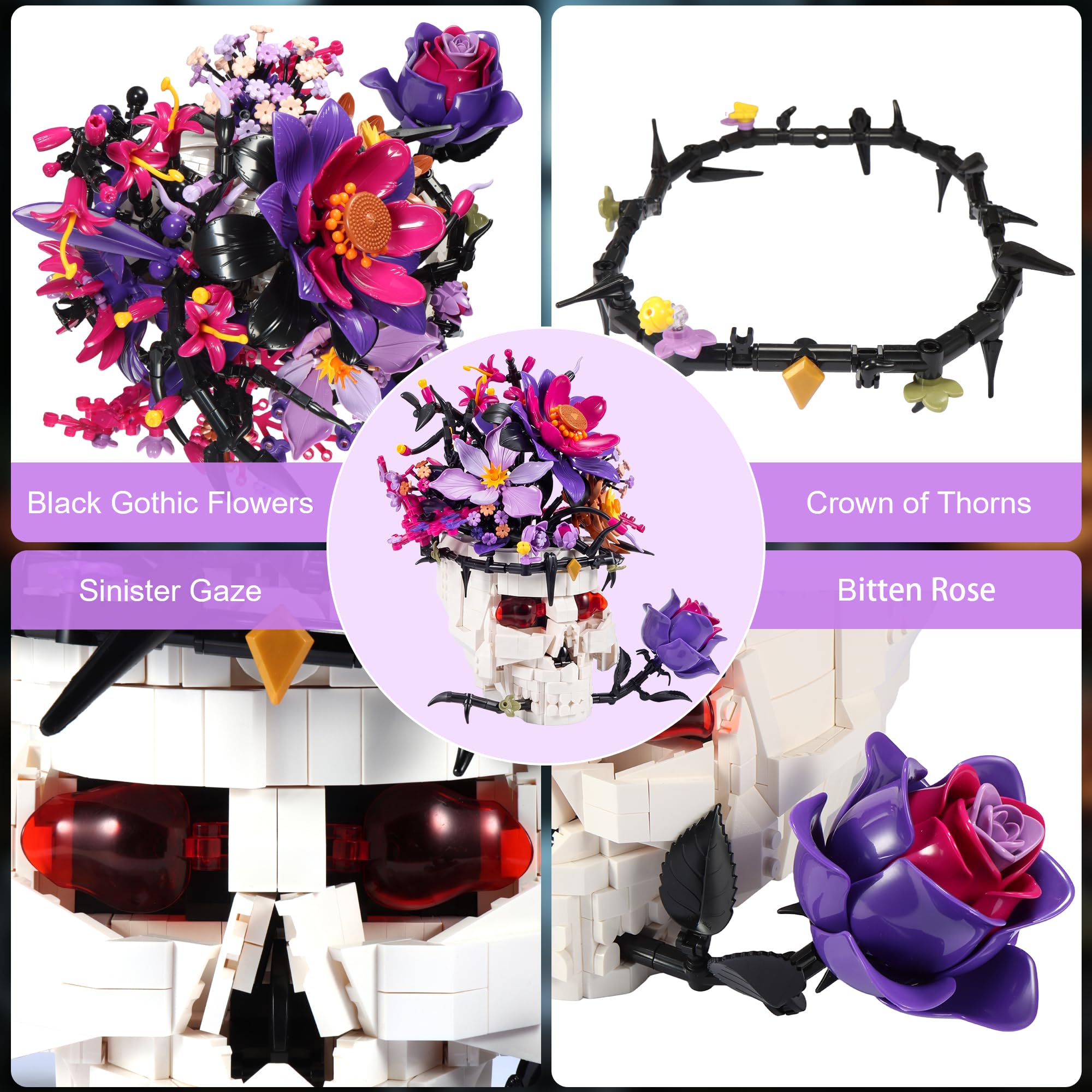 Goldlife Gothic Klemmbausteine Blumen mit Totenkopf-Vase, Blumenstrauß Bausteine für Erwachsene Frauen, Valentinstag Halloween Geburtstag Totenkopf Geschenke, Gothic Deko (Rose)