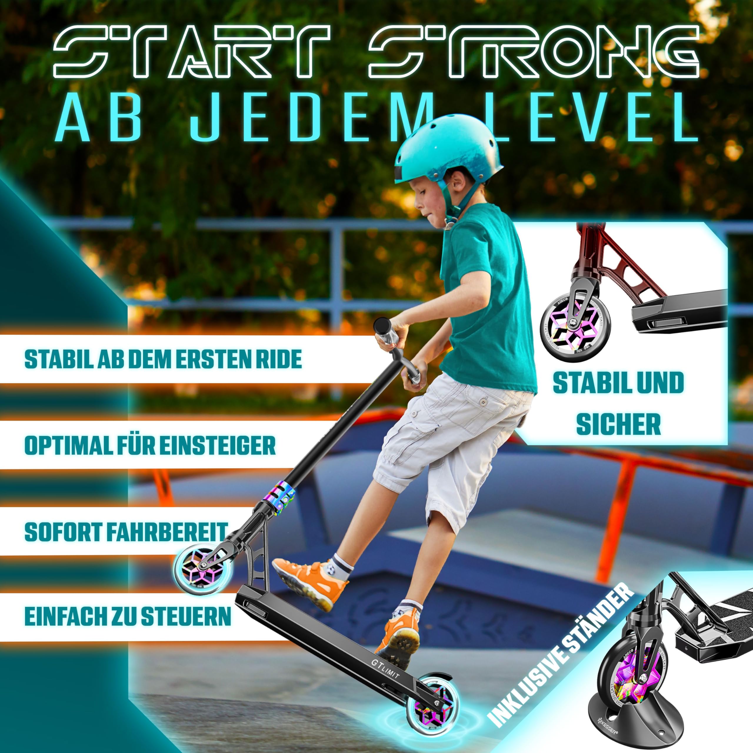 KESSER® Stunt Scooter GT-Limit 360° Lenkung Funscooter Stuntscooter mit Ständer ABEC 9 Kugellagern, 110 mm PU Räder, Kickscooter Tretroller Cityroller Trick Roller für Kinder Erwachsene