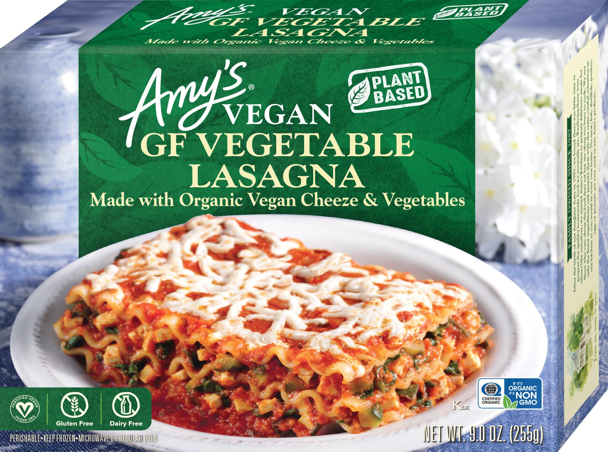 Amy's Frozen Meals, Vegan Vegetable Lasagna, 9 oz | Made with Organic Vegetables and Cheeze (Vegan Cheese), Gluten Free