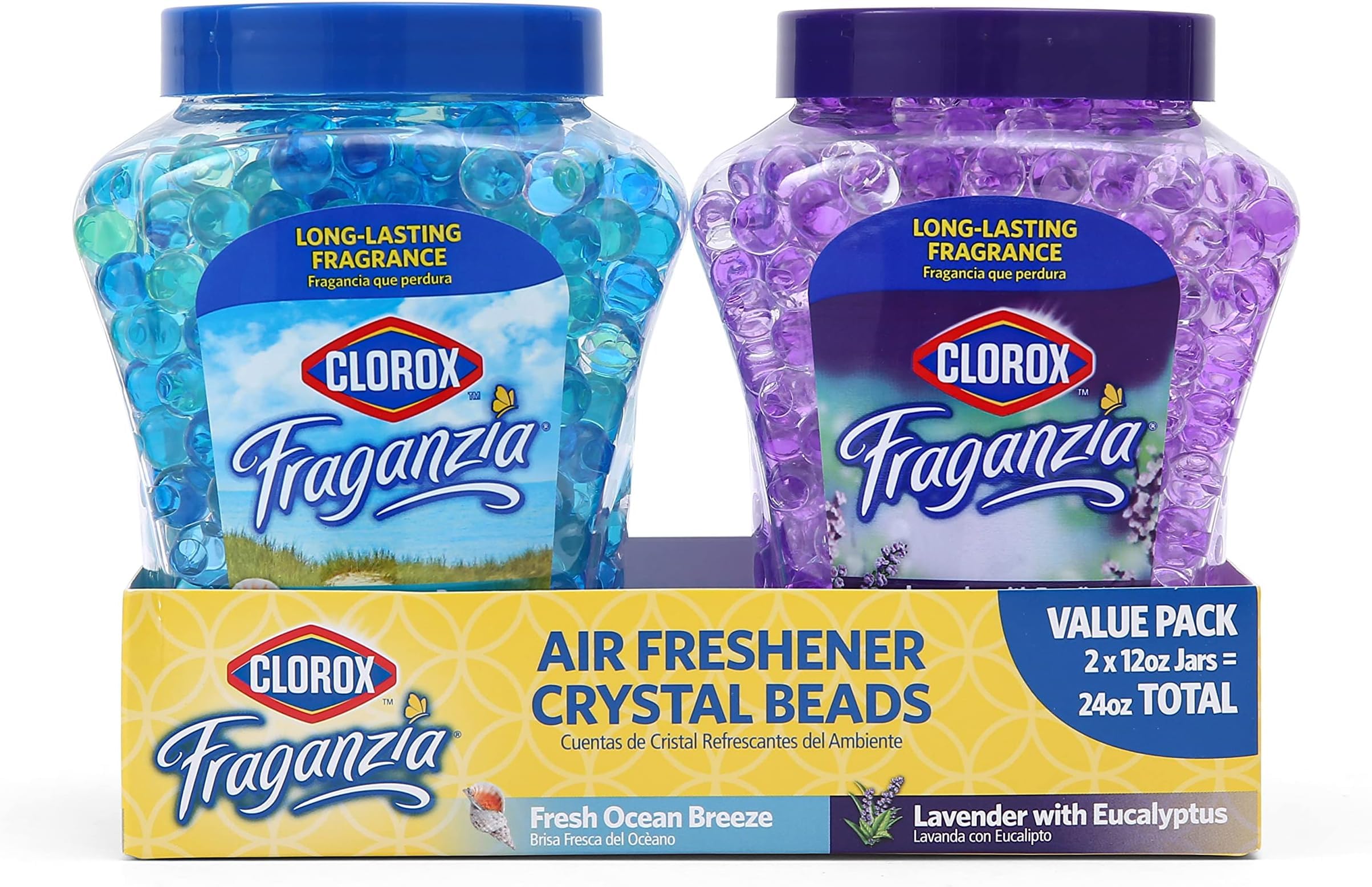 Clorox Fraganzia Air Freshener Crystal Beads, Fresh Ocean Breeze &amp; Lavender w/Eucalyptus Scents - Long-Lasting Odor Eliminator Gel Beads to Freshen Home, Car, or Office, 12 Fl Oz Jars (Pack of 12)