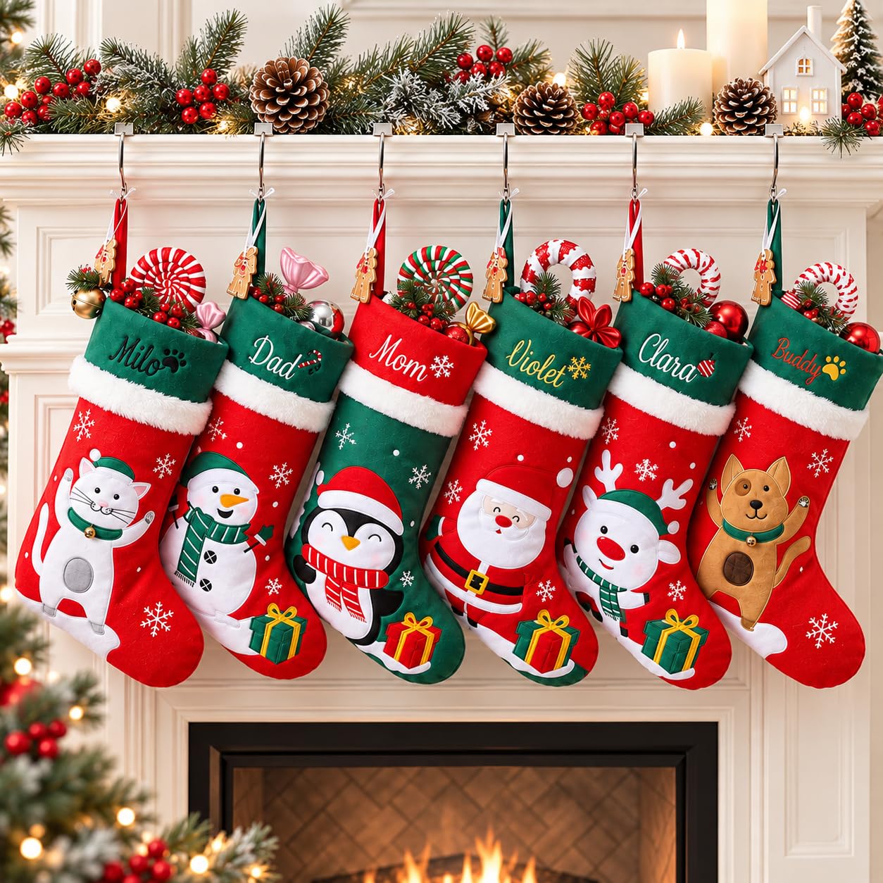 Infiher Personalised Christmas Stockings with Embroidered Name & Monogram,Custom Xmas Character Stocking with White Plush Cuff,18” Large Santa,Snowman,Reindeer,Dog,Cat Fireplace Stockings(5 Pack) — image 1