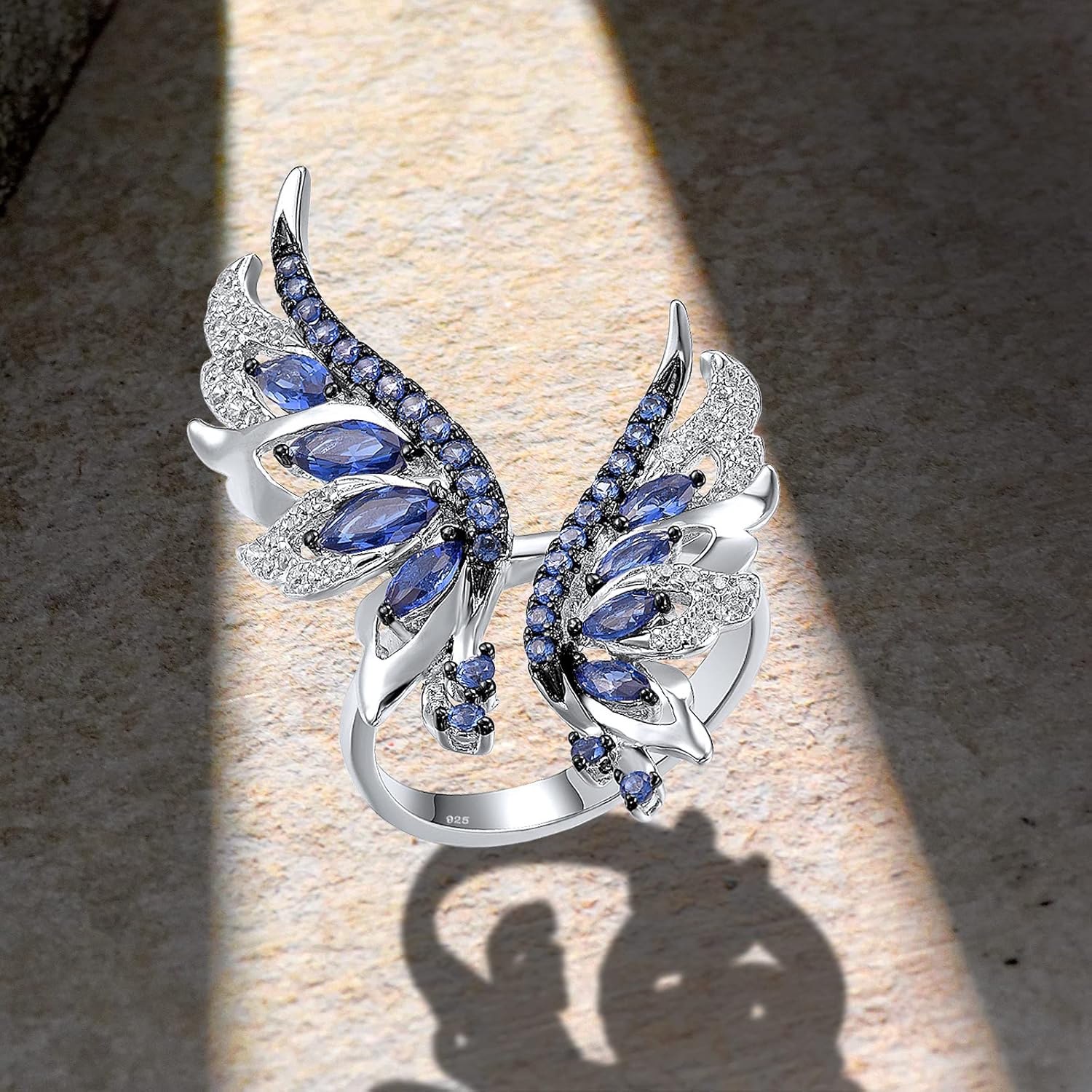 Santuzza 925 Sterling Silver Blue Wings Ring Blue Nano Cubic Zirconia Angel Wing Ring for Women