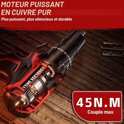 Olubfdh Perceuse Visseuse Sans Fil 21V Avec Batterie 2 × 2000mAh, 45Nm de couple max 25+3 positions de couple (2 vitesses & LED), et chargeurpour la maison et le jardin projet DIY (2 Batterie) - 2