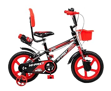 HI-FAST 14 inch Sports Kids Cycle for Boys & Girls 2 to 5 Years with Training Wheels (95% Assembled), (Red)