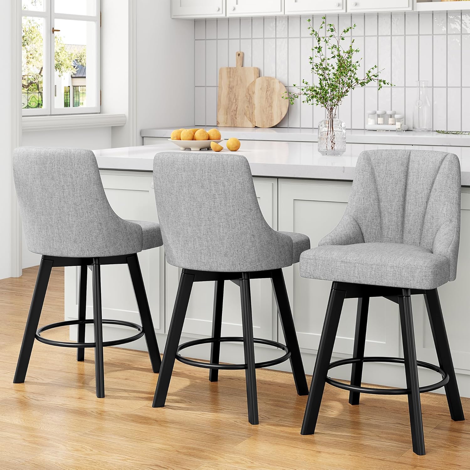 YaFiti Swivel Bar Stools with Backs, 24" Counter Height Barstools Set of 3, Fabric Upholstered Counter Bar Stools with Solid Wood Legs for Kitchen Island, Home Bar, Light Gray