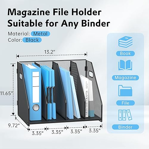 Vista 8 de SUPEASY Organizador de carpetas, soporte para archivos de revista con 5 compartimentos verticales, organizador de archivos de escritorio de metal