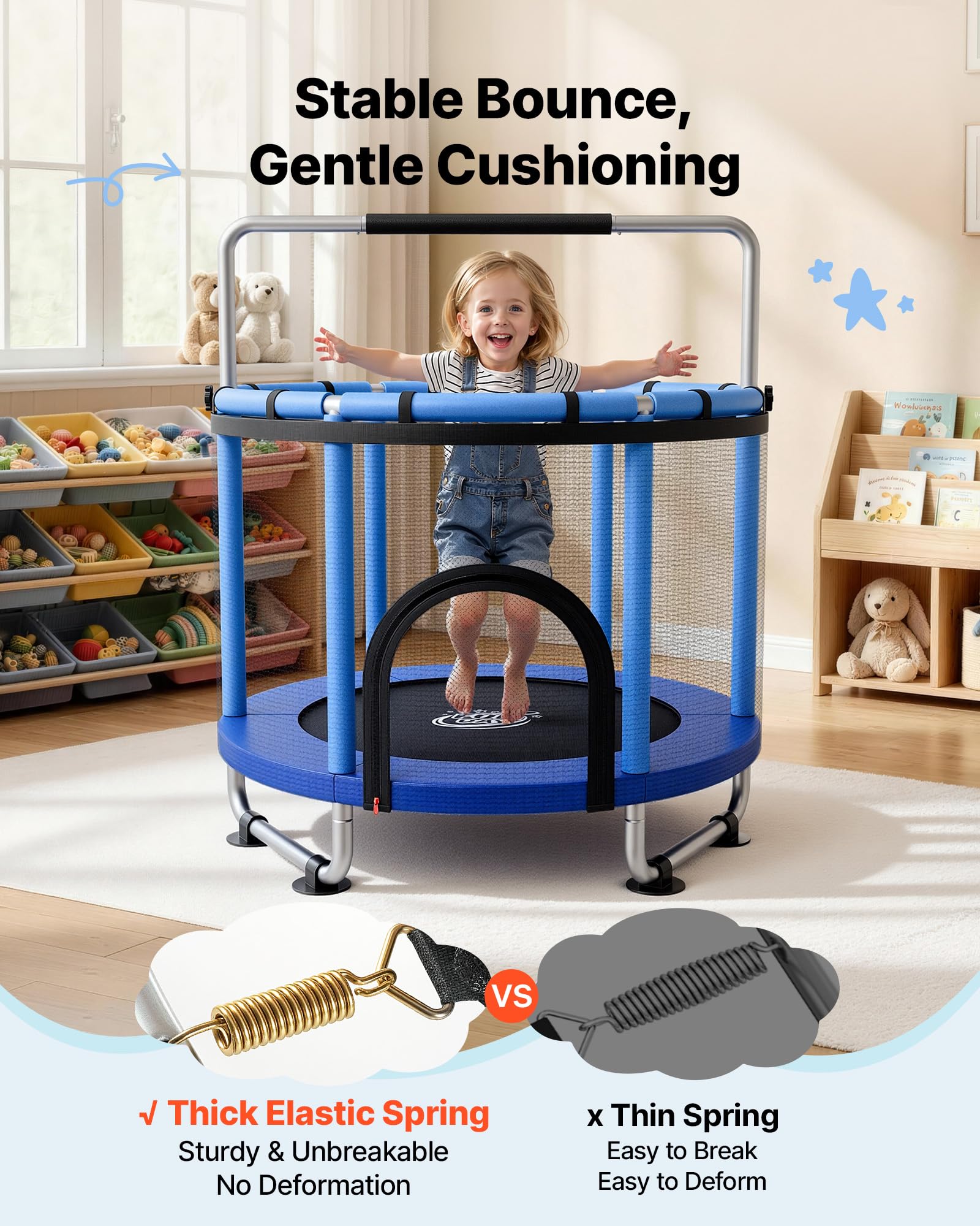 VEVOR Trampolino Elastico per Bambini Rete Protezione 142 cm Carico 60 kg, Trampolino Giocattolo Esercizio Divertimento per Bambini da Interno Esterno Barra Regolabile Tappeto Integrato in PP