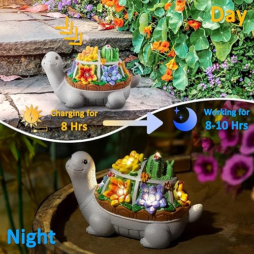 Miniatura 9 de LESES Estatuas de jardín, estatua solar de tortuga, decoración de jardín, bonitas figuras de tortuga con bebé y 7 luces solares LED, decoraciones