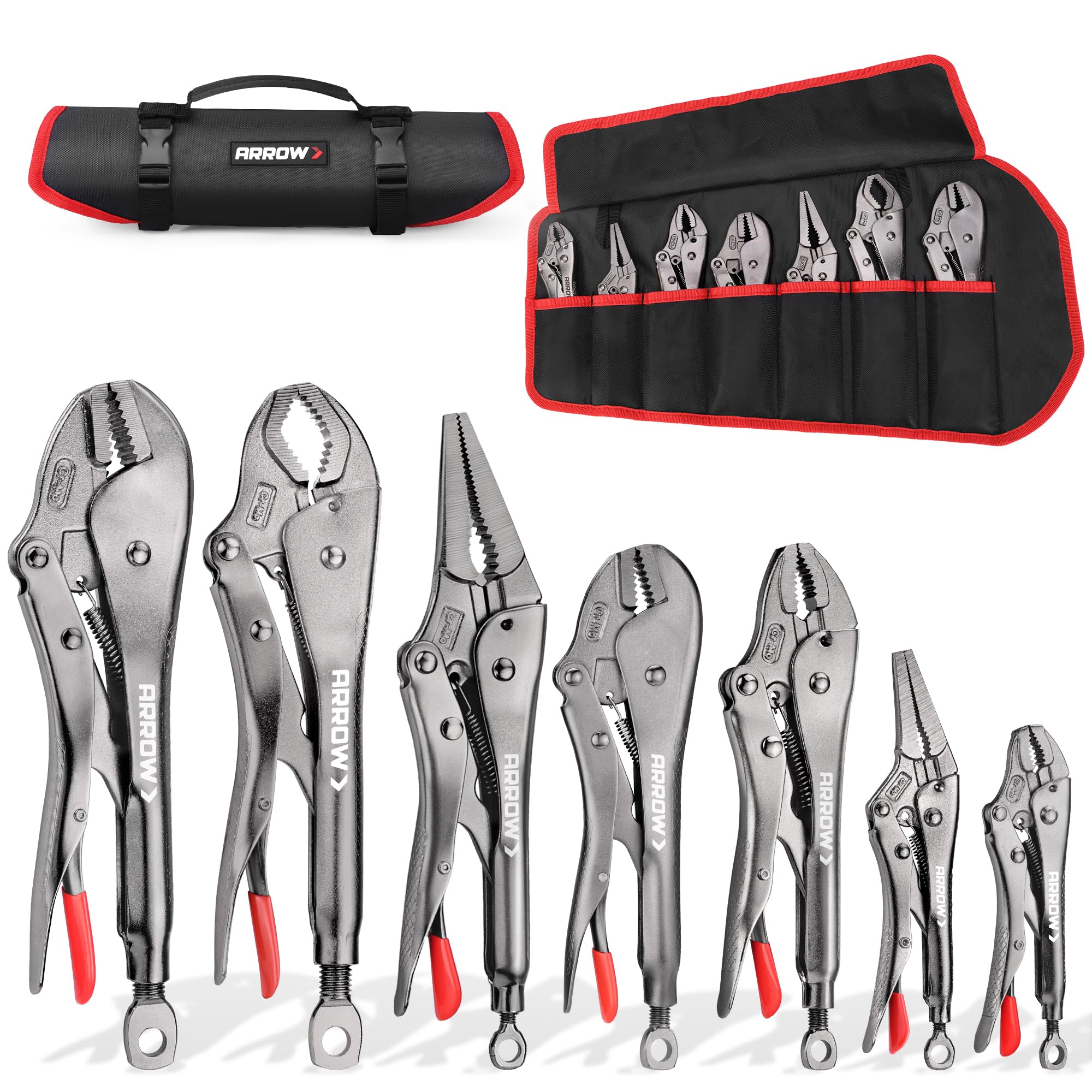 ARROW 7-piece Locking Pliers Set with Rolling Pouch, Chromium-Molybdenum Vice Grips, 5"/7" Curved Jaw, 6.5"/9" Long Nose, 7"/10" Straight Jaw, 10"