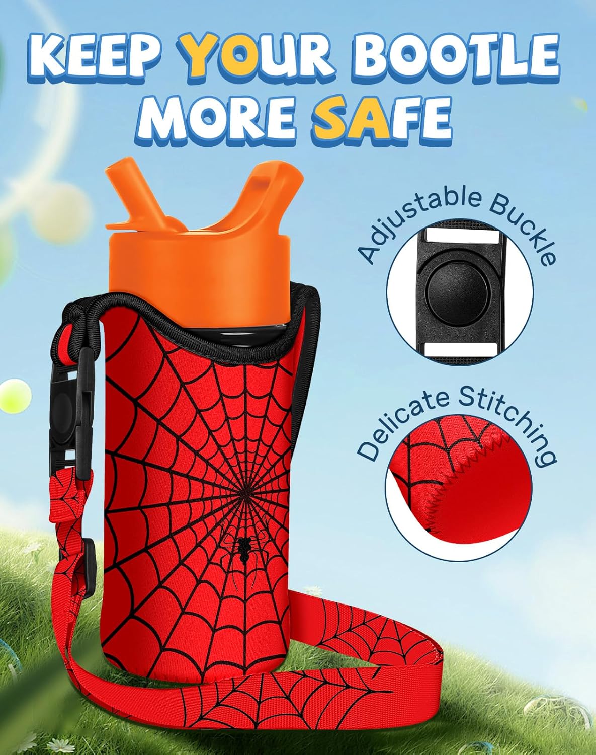 Water Bottle Carrier with Strap - Handheld Kids Water Bottle Holder for 10-16 oz / 14-20 oz Cute Cartoon Design Neoprene Crossbody Bottle Sling Bag for Boys Girls - Image 4