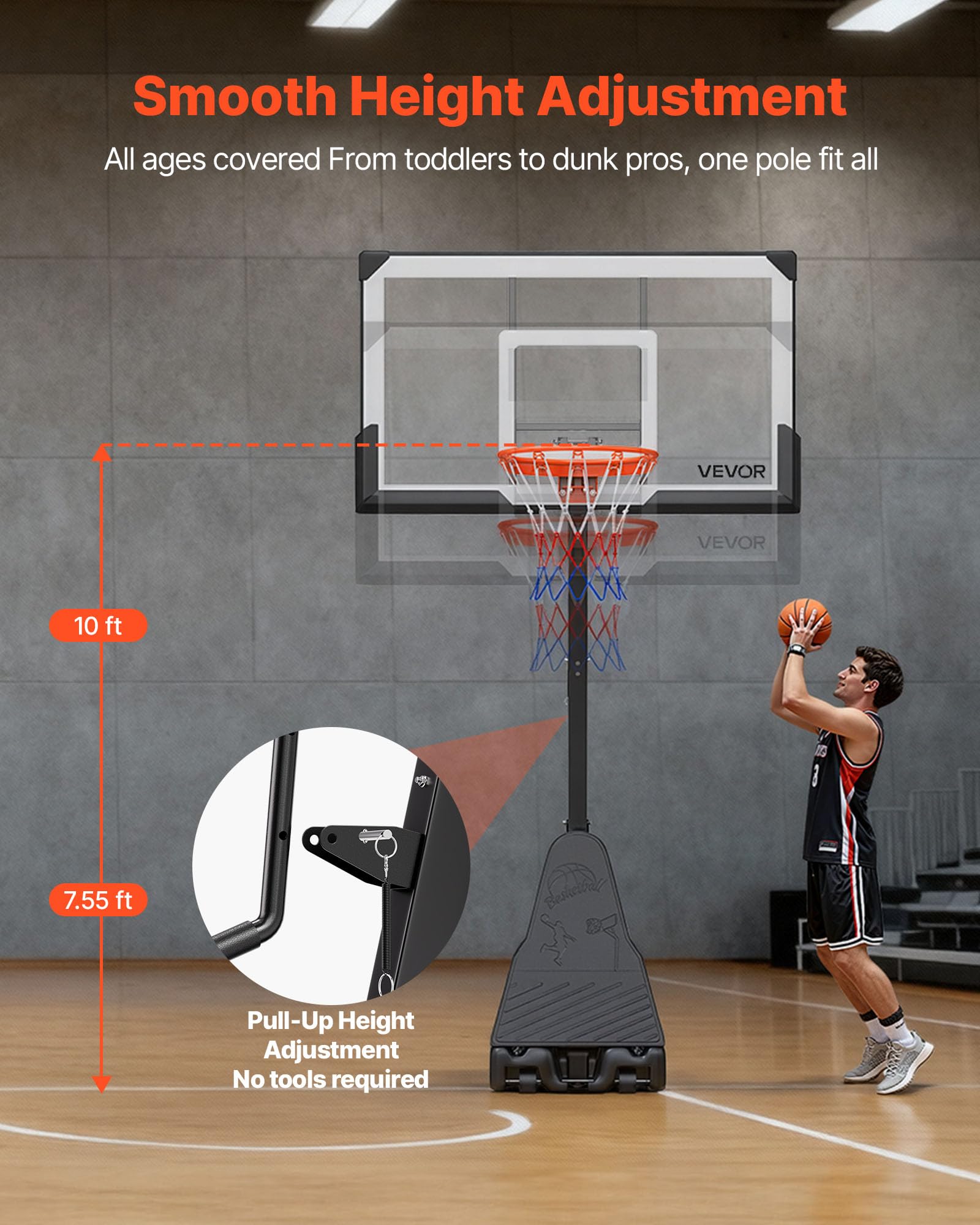 VEVOR Canestro da basket, regolabile in altezza, portatile, canestro da basket all'aperto, tabellone in PC per adolescenti, adulti, campo da basket, scuole, parchi