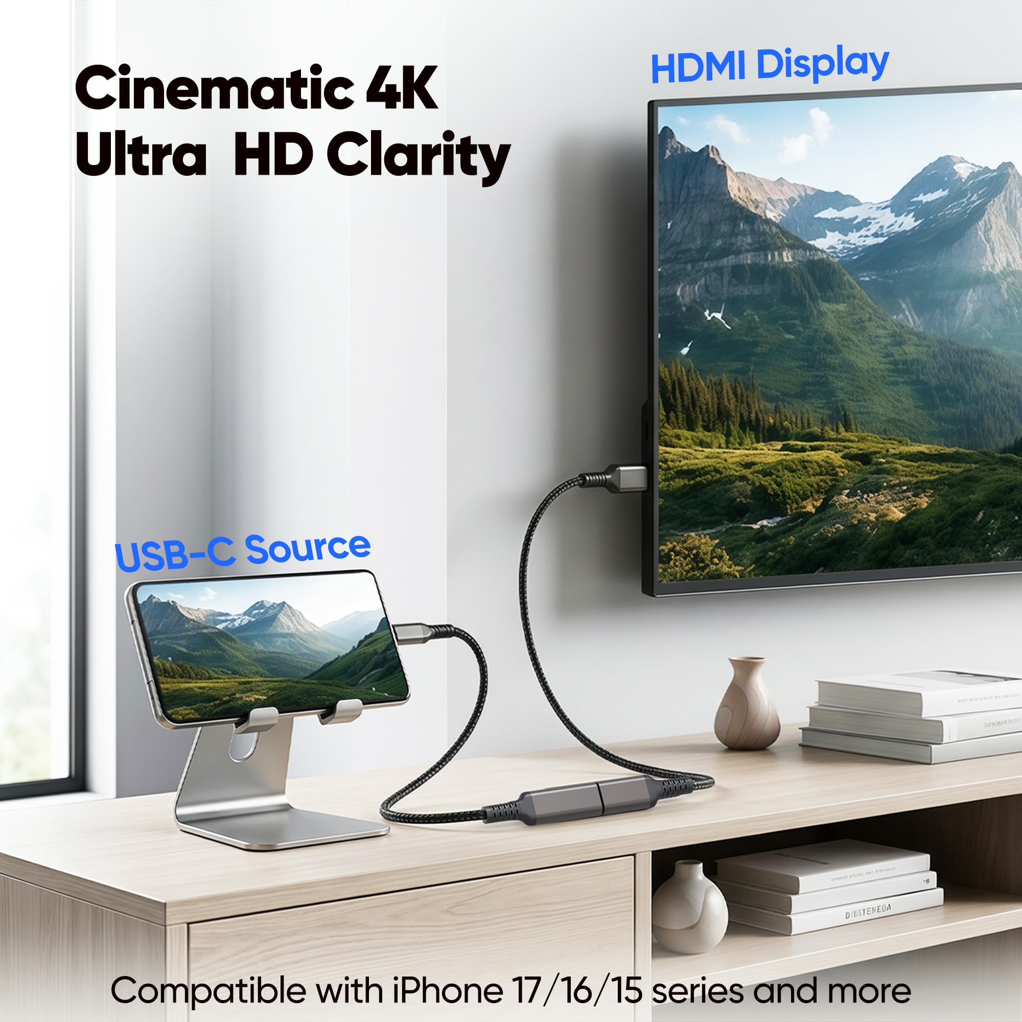Confezione da 5 cavi adattatori da USB C a HDMI, 4K a 60 Hz, da USBC a HDMI, per iPhone 17/16, MacBook Pro/Air, iPad Pro/Air, Galaxy S26, XPS, Chromebook, Lenovo, Surface Book, iMac, Thunderbolt