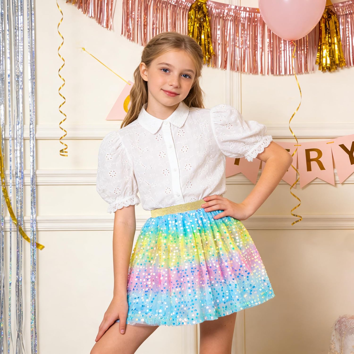 Magic Park 1-14Y Toddler Tulle Sequin Skirt Little Girl Tutu Skirts Birthday Holiday Party Girls Solid Color Short Skirt