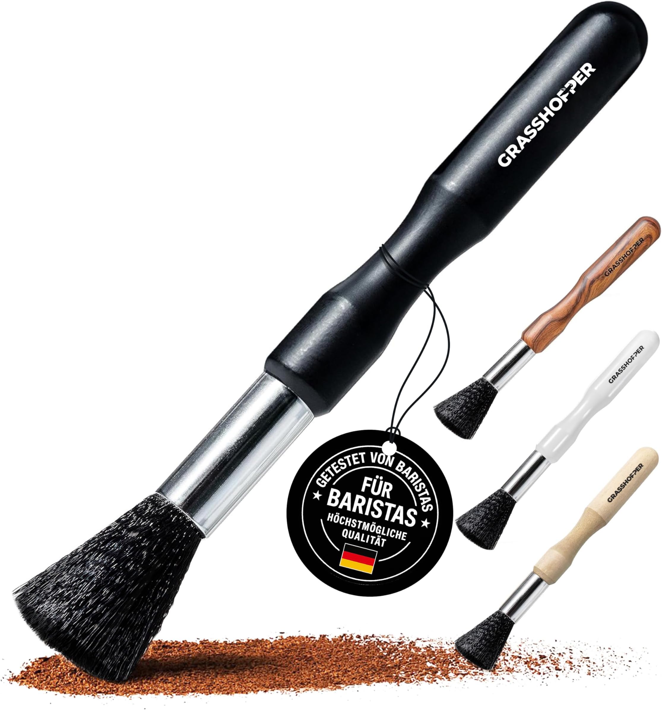 Grasshopper Barista Brush - Vegan Cleaning Brush Coffee Brush (Modern Black Design) for: Portafilter Machine, Fully Automatic Coffee Machine, Espresso Machine, Coffee Grinder, Kitchen Brush, Barista