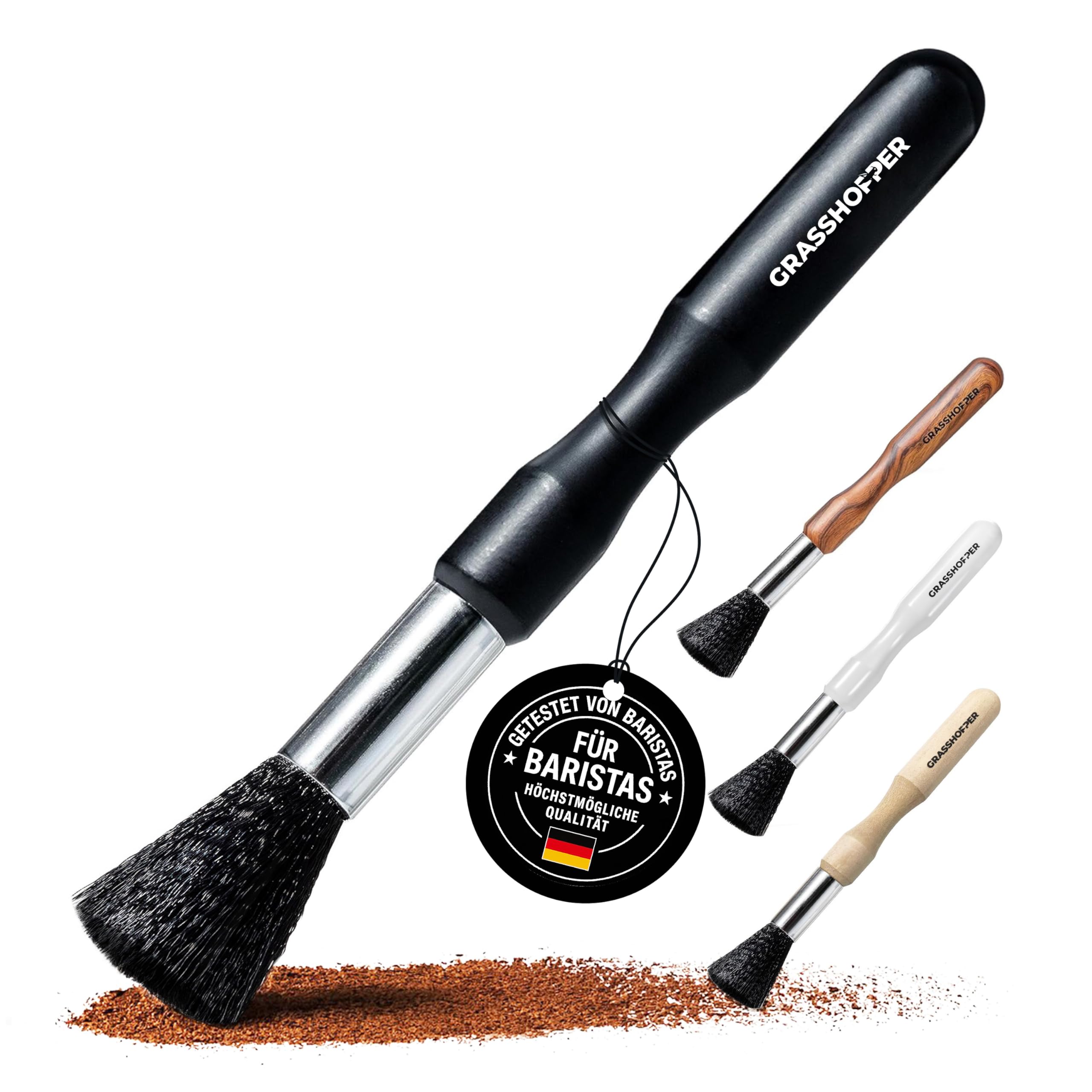 Grasshopper Barista Brush - Vegan Cleaning Brush Coffee Brush (Modern Black Design) for: Portafilter Machine, Fully Automatic Coffee Machine, Espresso Machine, Coffee Grinder, Kitchen Brush, Barista