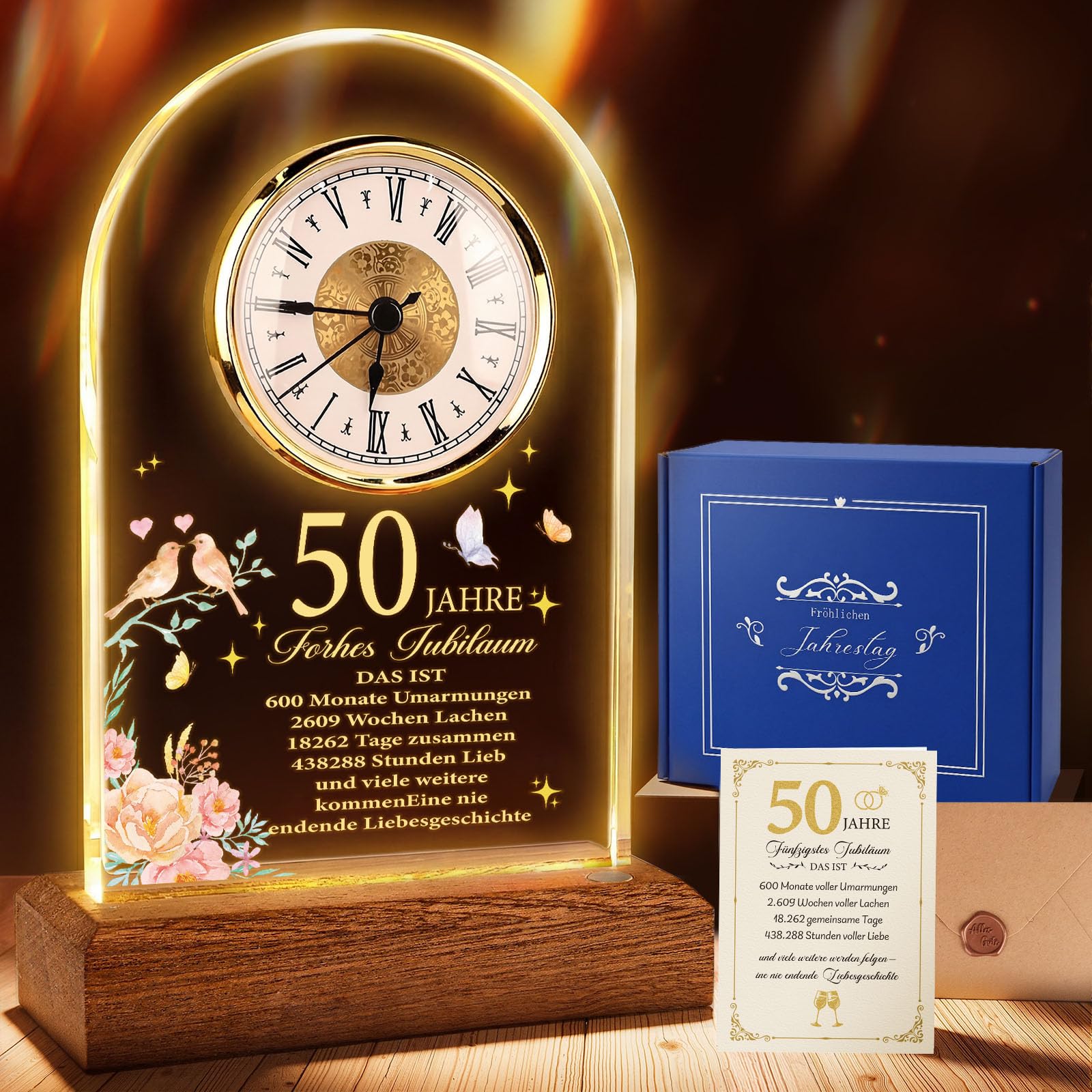 TUZELIYA Regalo di nozze d'oro, anniversario al quarzo, 50° anniversario di matrimonio, regalo con biglietto di auguri e busta, orologio da scrivania, regali di nozze per coppie, genitori, nonni