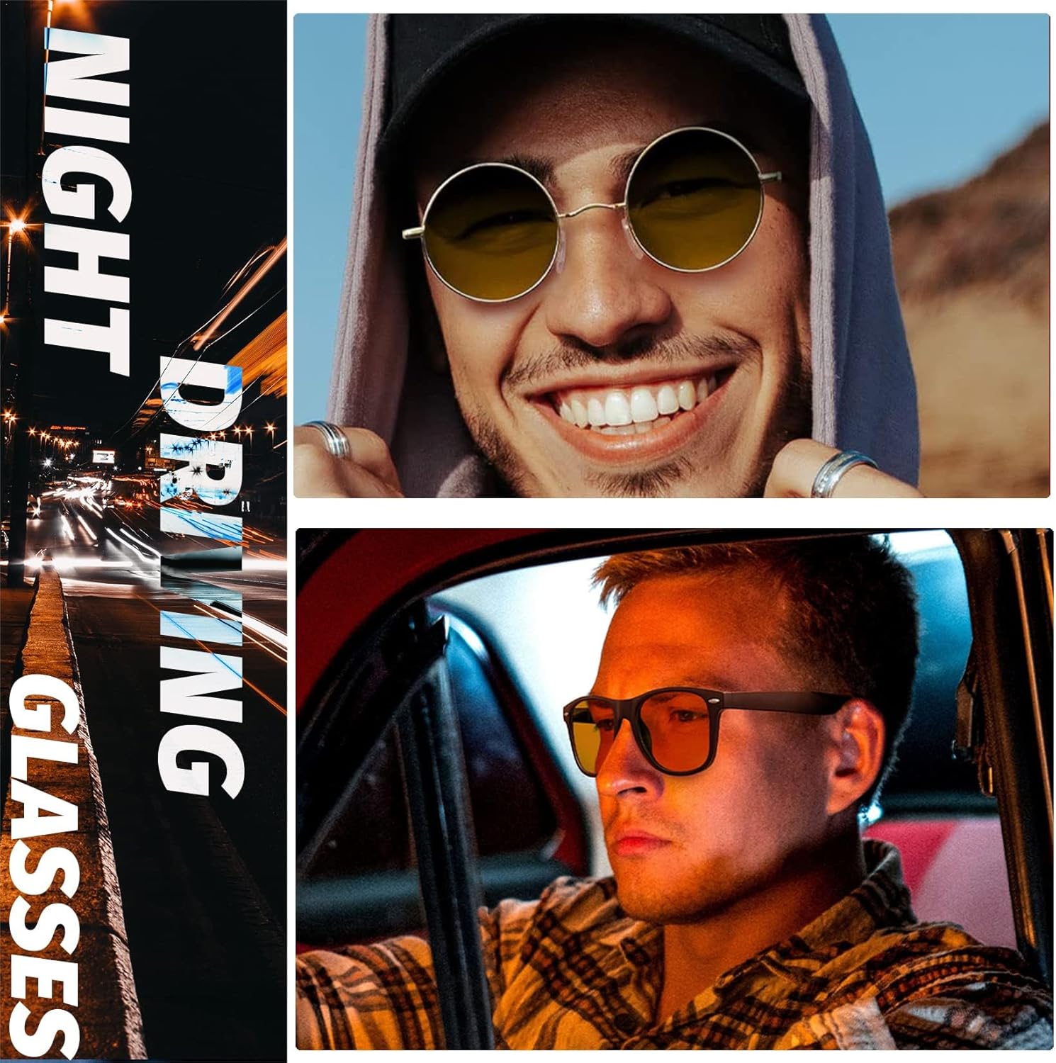 Joopin Oversized Square & Small Round Night Vision Glasses Bundle Fashion Night Driving Glasses Trendy Anti Glare Night Glasses UV Protection Vintage Nighttime Sunglasses Retro Yellow Shades for Men W