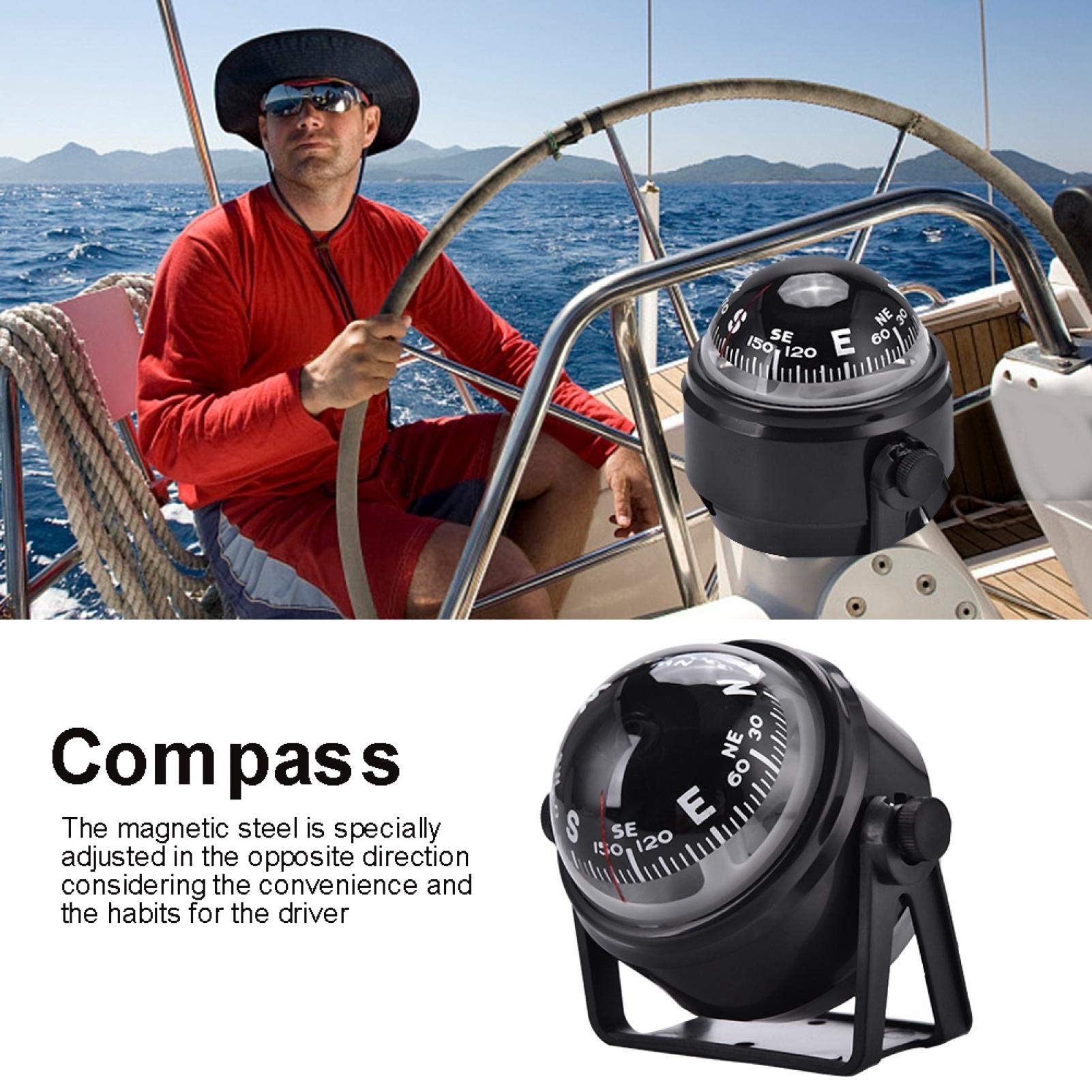 Bootskompass, schwarzer elektronisch Verstellbarer Marineball-Nachtsichtkompass für Bootsfahrzeuge für Boote, Marineboote, Lastwagen, Wohnwagen