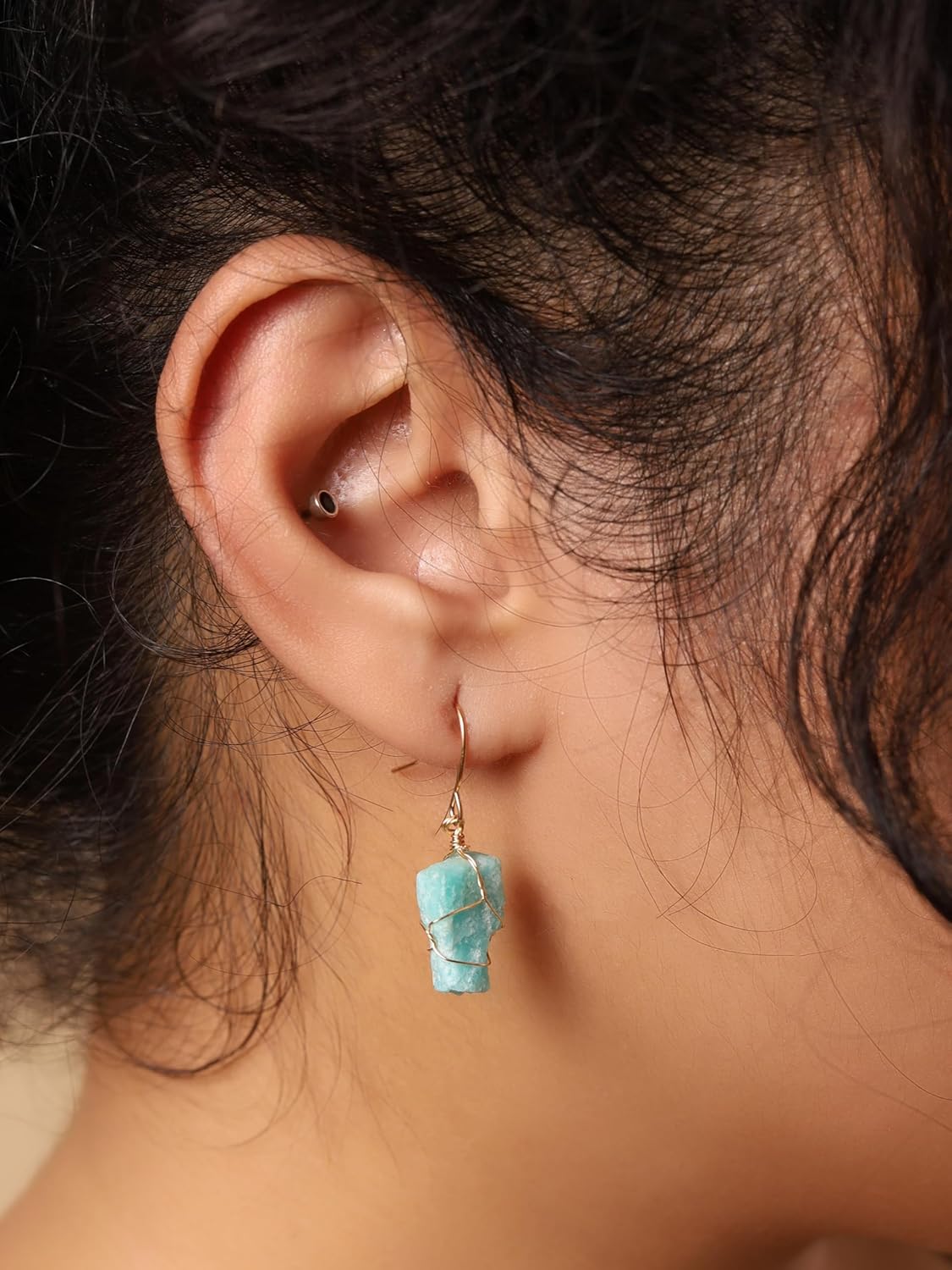 MINACHI Boho Raw Light Green Stone Drop Earrings, Handmade Wire Wrapped Hippie Dangles, Vintage Earrings For Women - Image 3