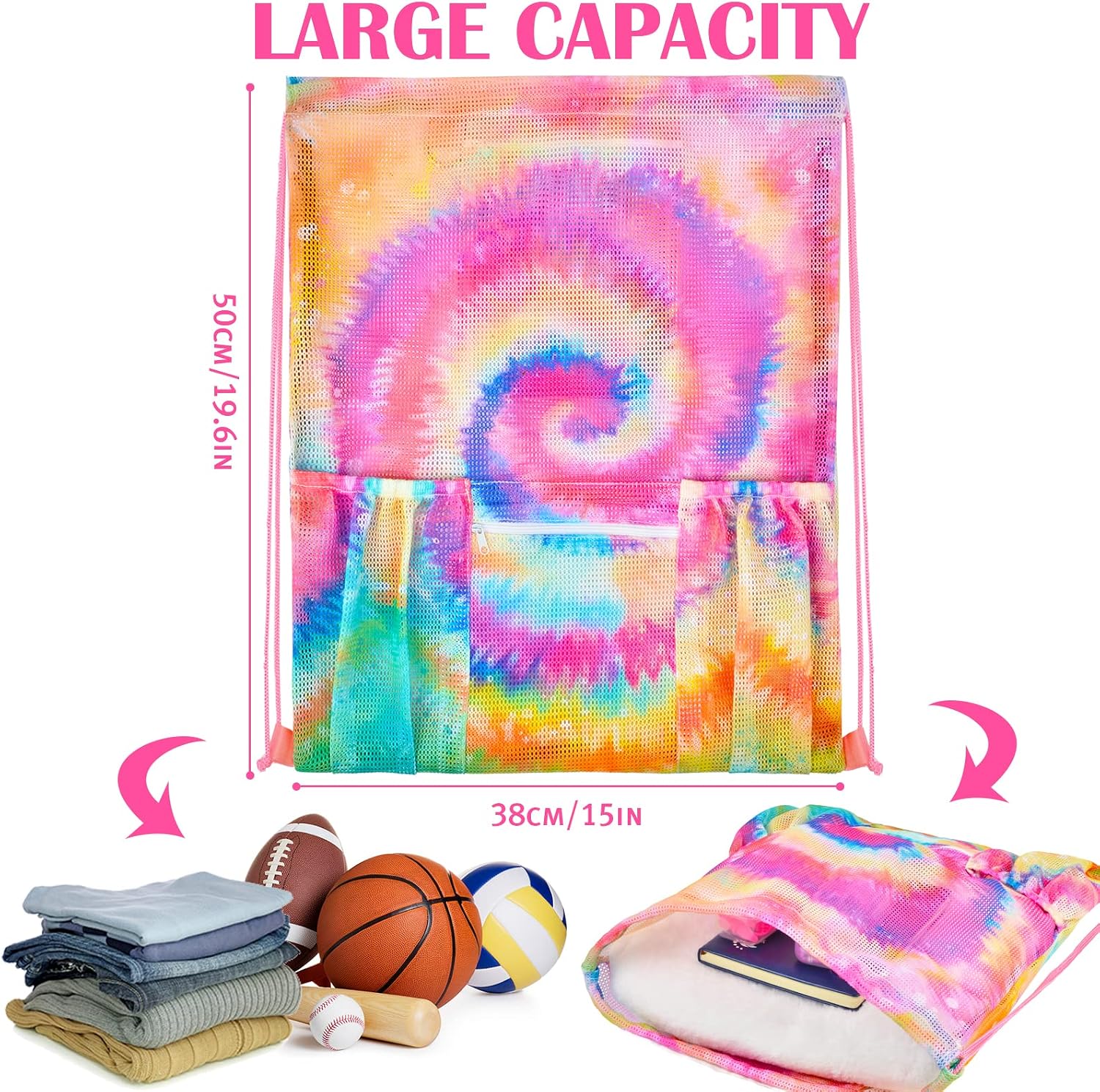 Mesh Drawstring Bag with Zipper Pocket, Beach Bag for Swimming Gear Backpack Gym Storage Bag for Adult Kids (Tie Dye) image 3