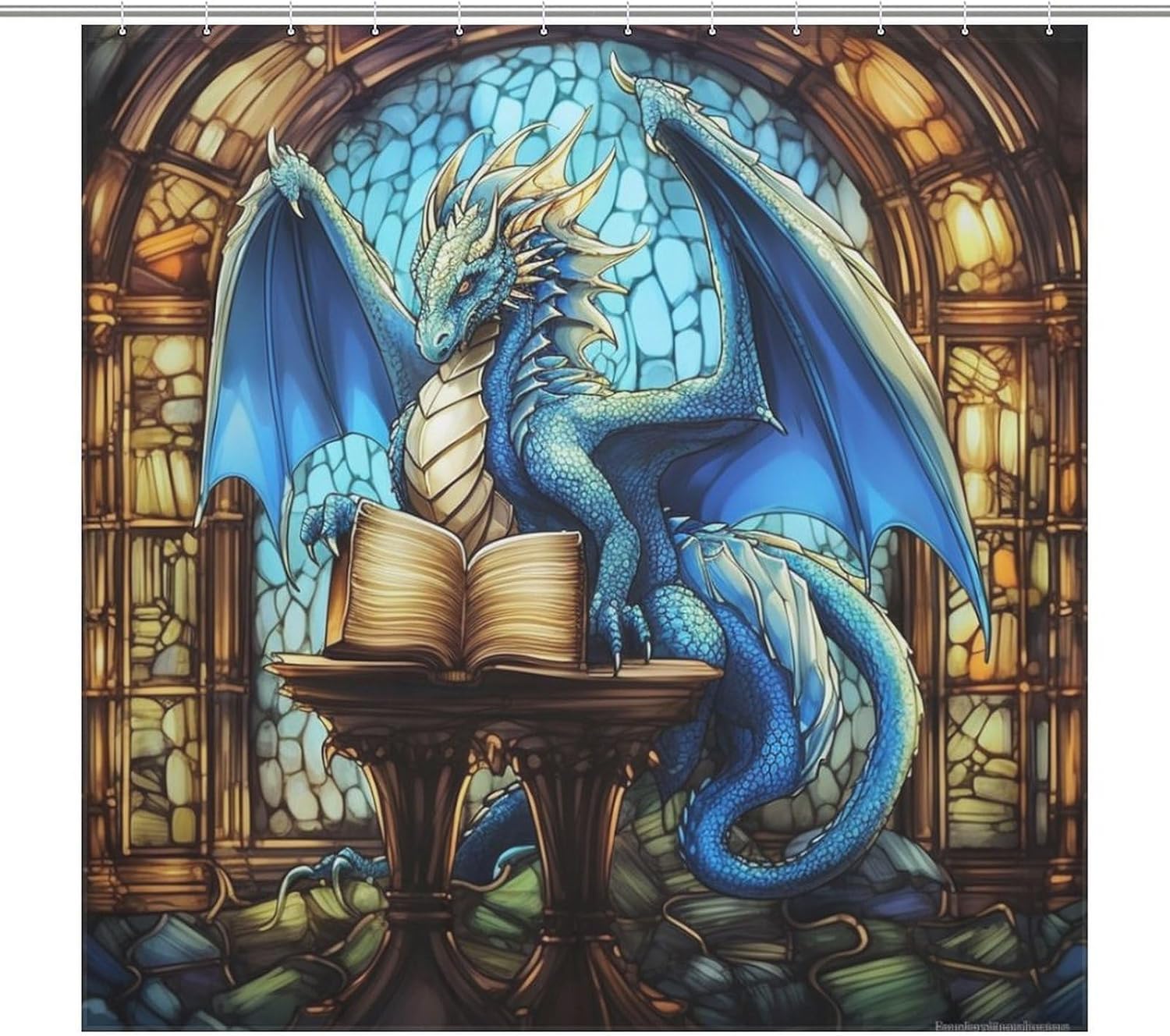 Western Dragon Shower Curtains,Blue Dragon Reading Book Bookshelf Geometric Patchwork Abstract Bath Curtain Polyester Waterproof Cloth Bathroom Curtain with 12 Hooks 72x72Inch (183x183cm)