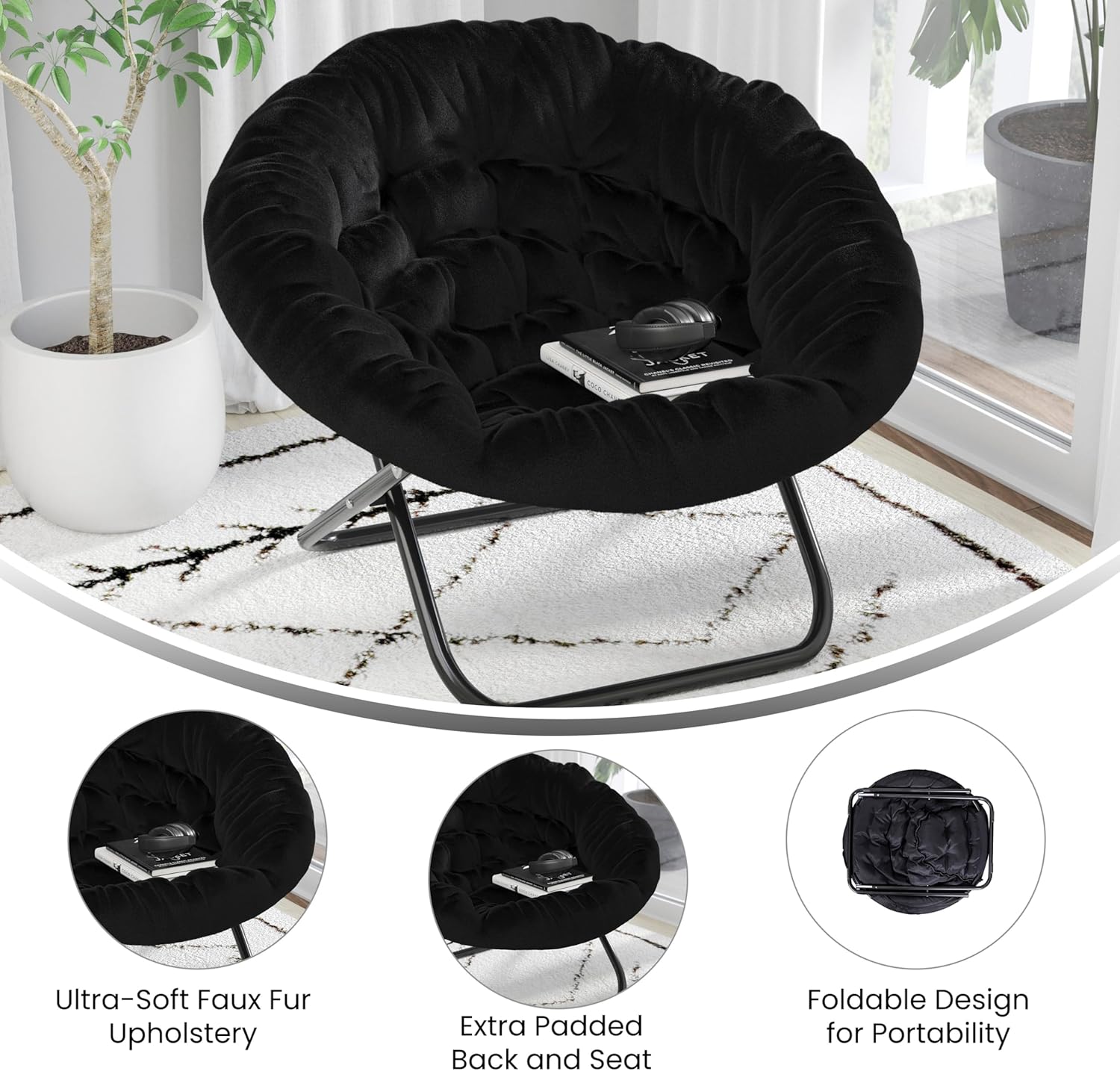EMMA + OLIVER Ersa 38" Oversize Folding Saucer Chair with Cozy Faux Fur Upholstery in Black with Black Metal Frame for Dorms, Bedrooms, Apartments and More