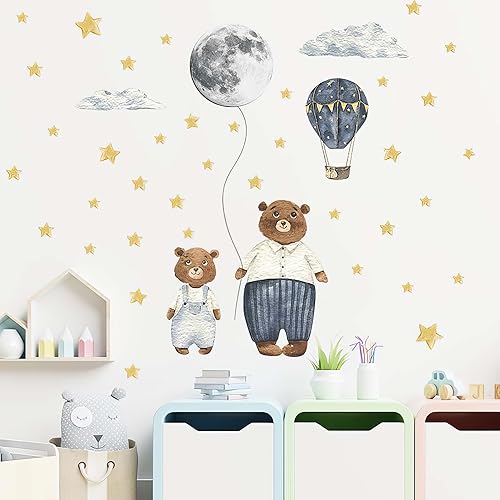 Miniatura 5 de Calcomanías de pared de papá y oso bebé, calcomanías de pared para despegar y pegar con osos globos aerostáticos, estrellas, luna, nubes, decoración