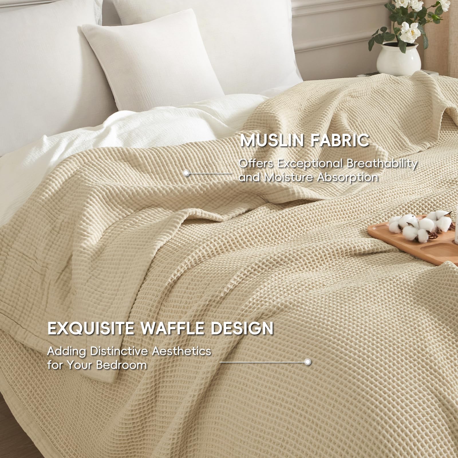 PHF Reversible Waffle & Muslin Blanket 100% Cotton 400GSM Twin Size 66